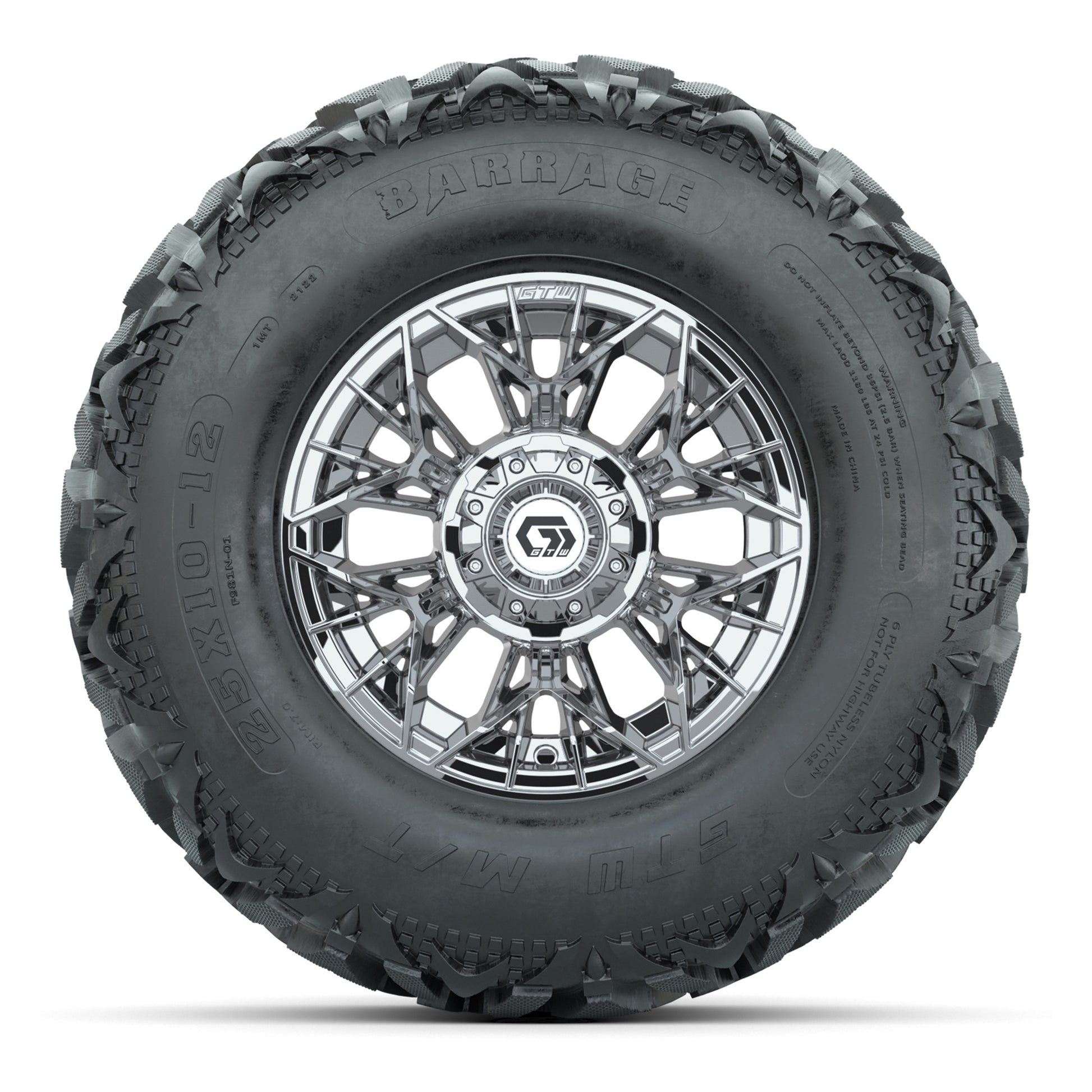 GTW® Stellar Chrome 12 in Wheels with 25X10-12 Barrage Mud Tires – Full Set