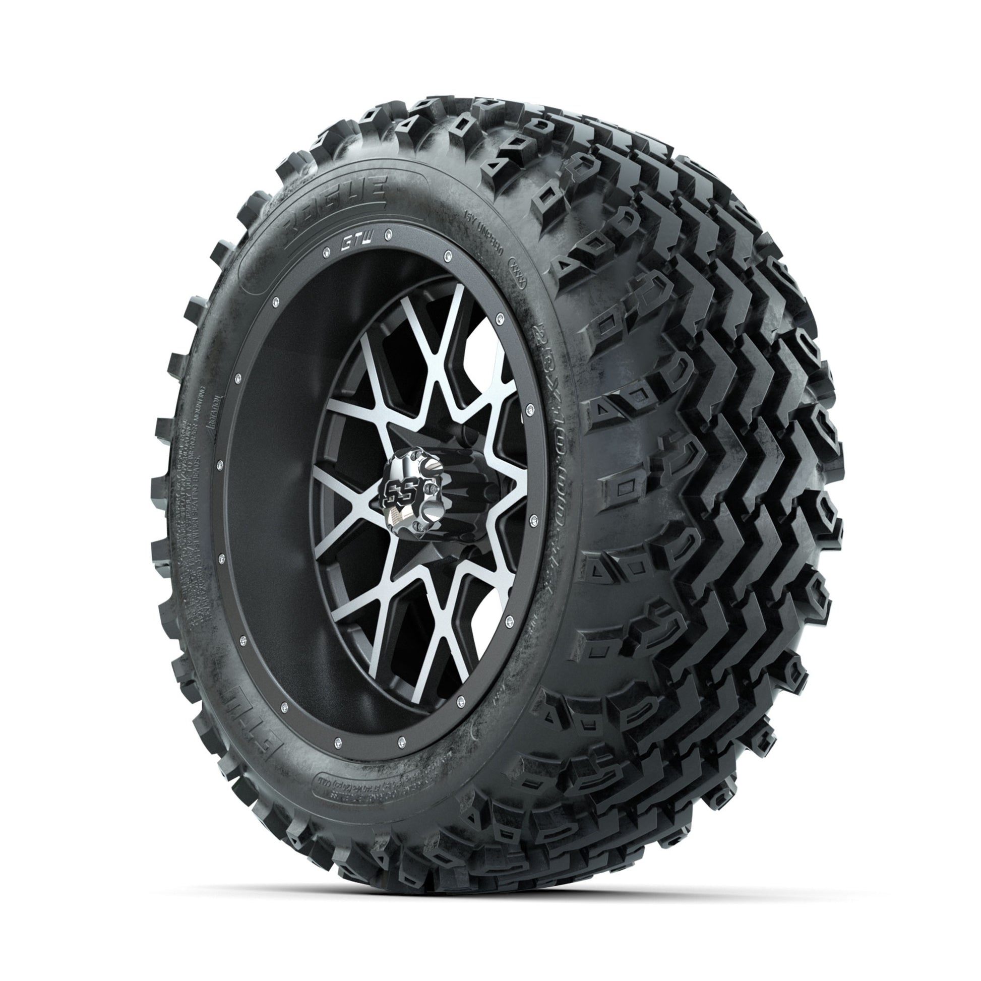 GTW Vortex Machined/Matte Grey 14 in Wheels with 23x10.00-14 - 3/4 view