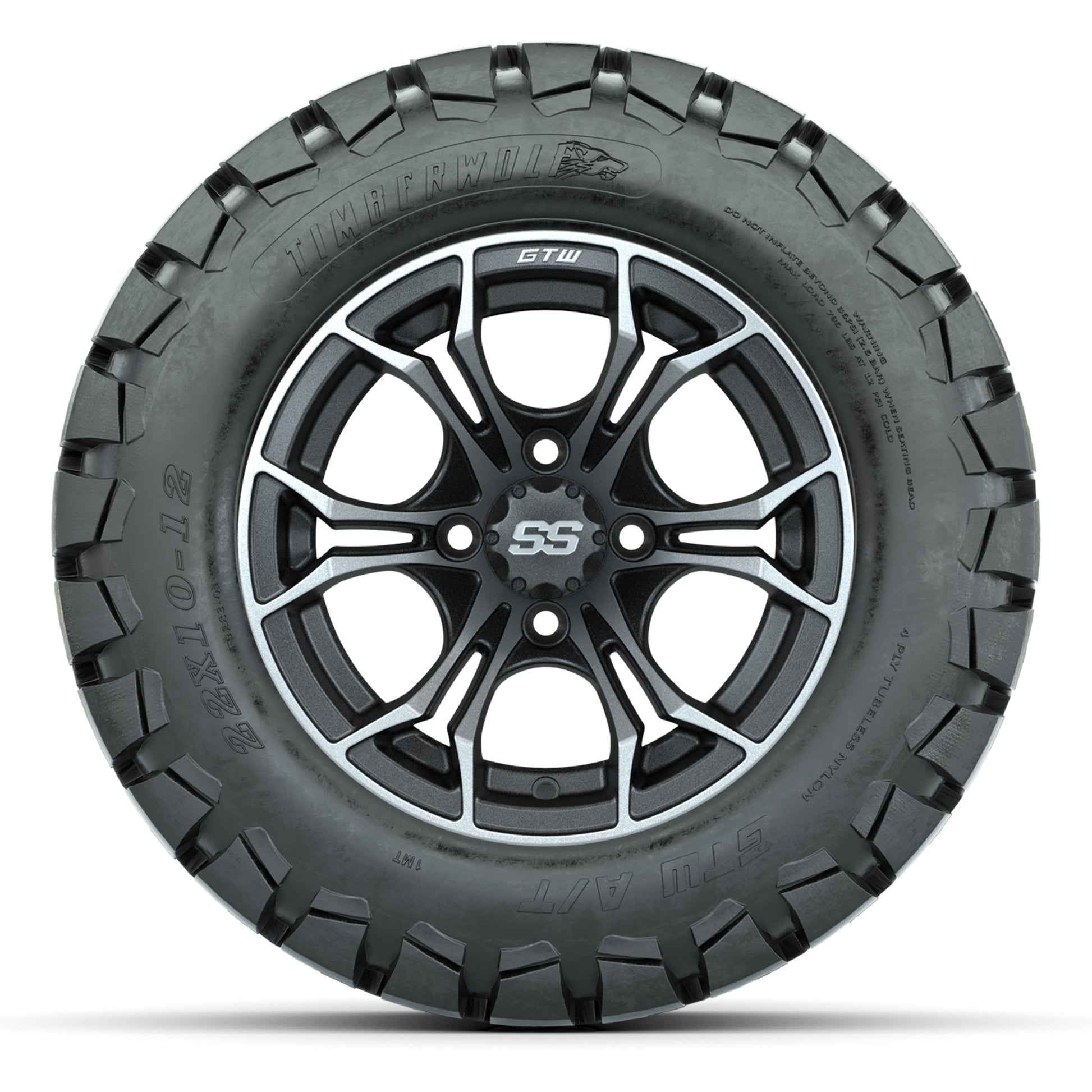 GTW® Spyder Matte Gray/Machined 12 in Wheels with 22X10-12 Timberwolf All-Terrain Tires – Full Set