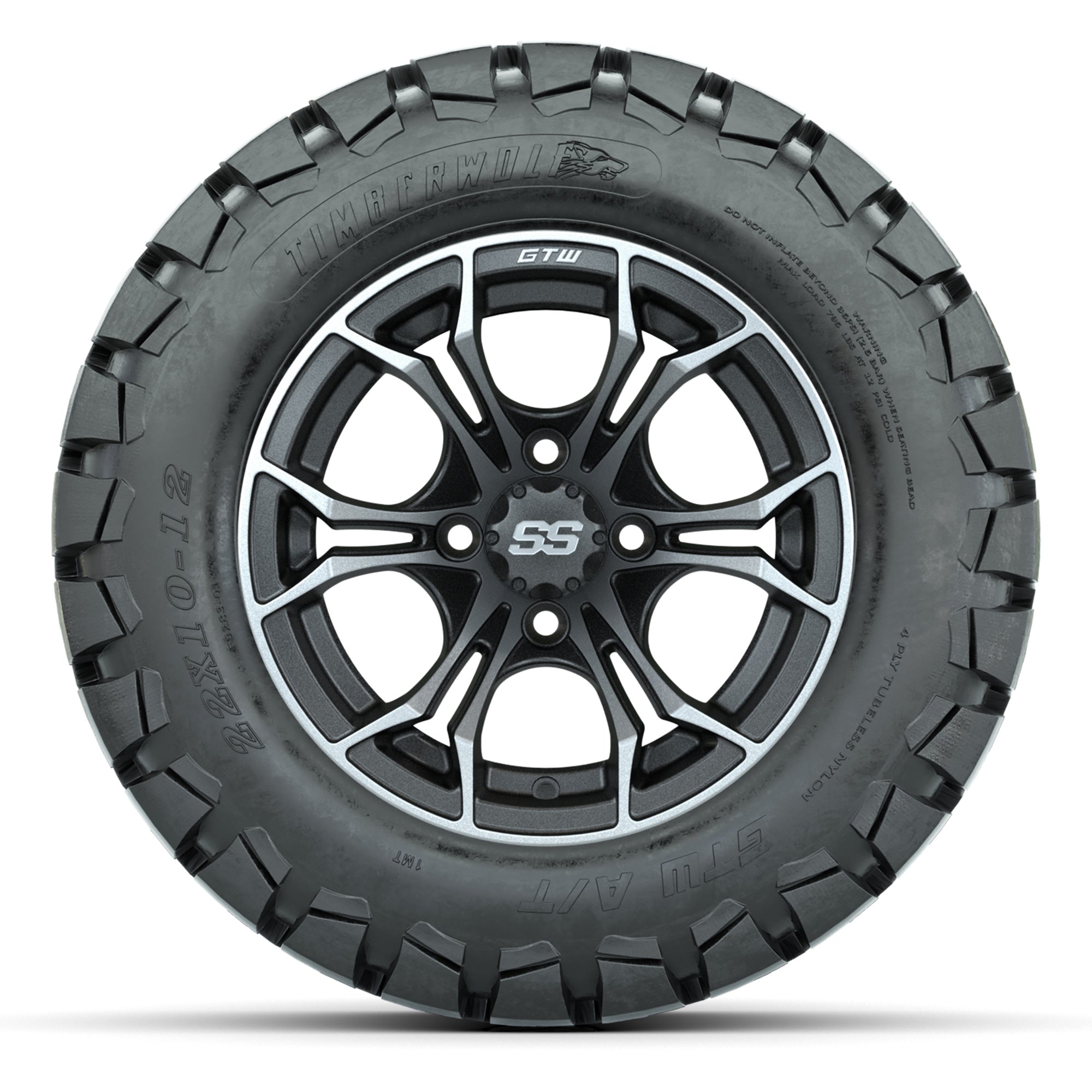 GTW® Spyder Matte Gray/Machined 12 in Wheels with 22X10-12 Timberwolf All-Terrain Tires – Full Set