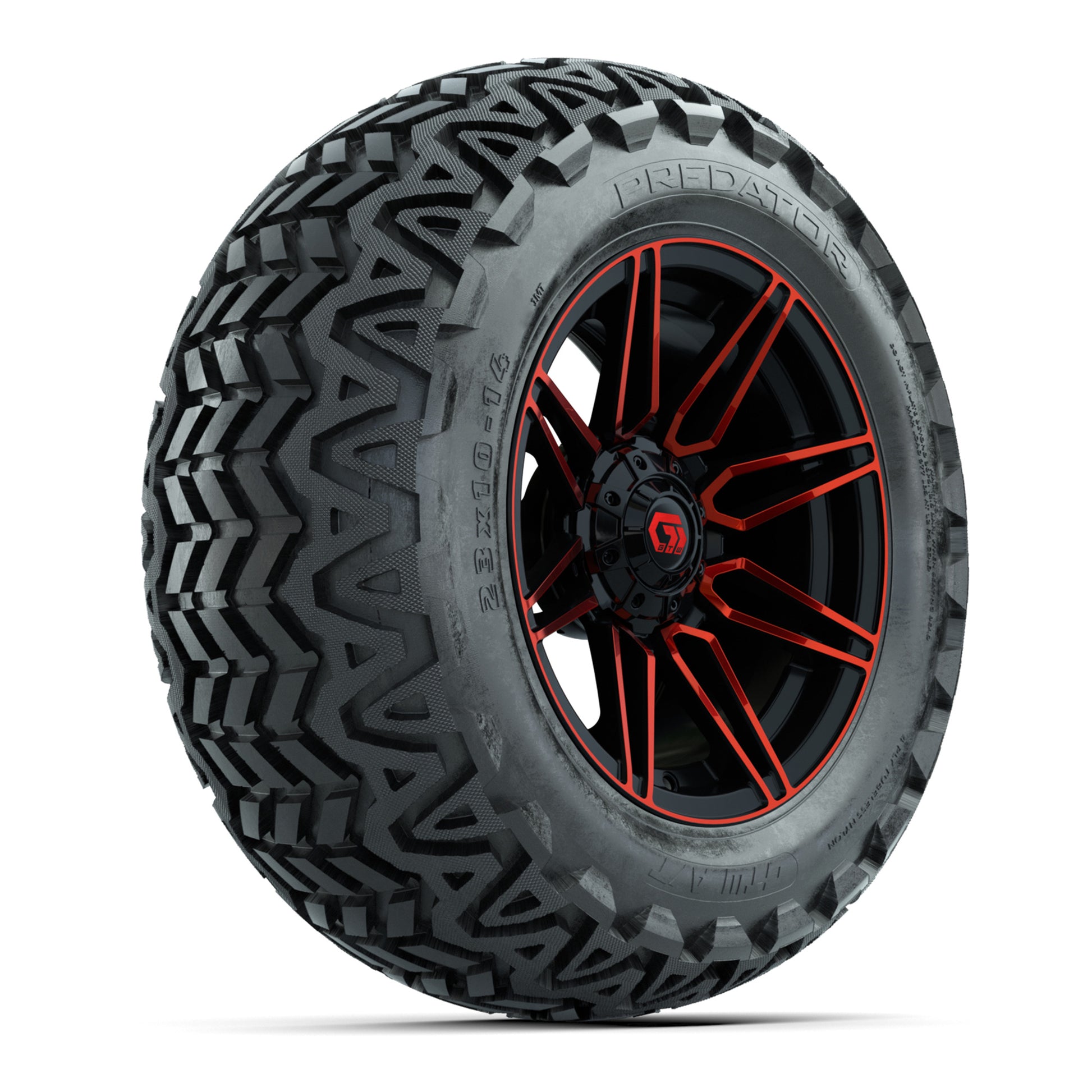 GTW® Stealth Gloss Black/Red 14 in Wheels with 23x10-14 Predator All-Terrain Tires – Full Set