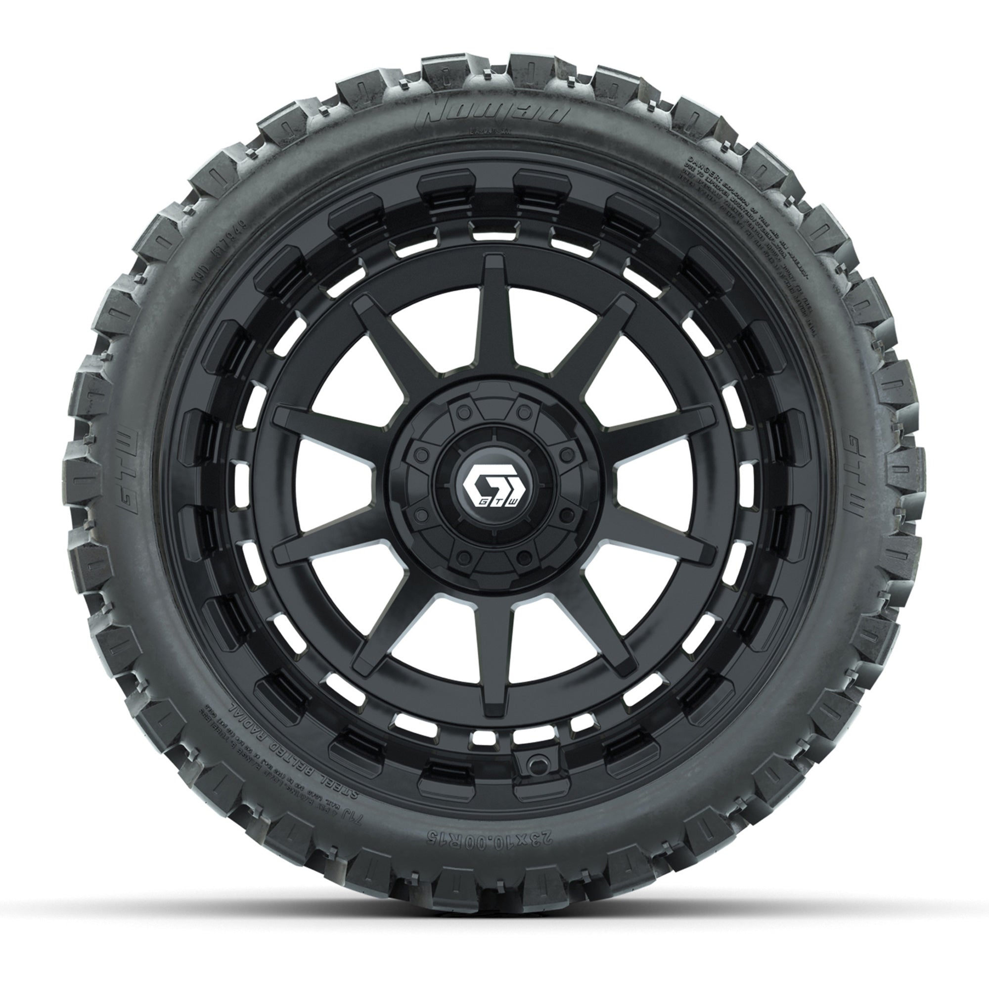 GTW® Barricade Gloss Black 15 in Wheels with 23x10-R15 Nomad - 3/4 view