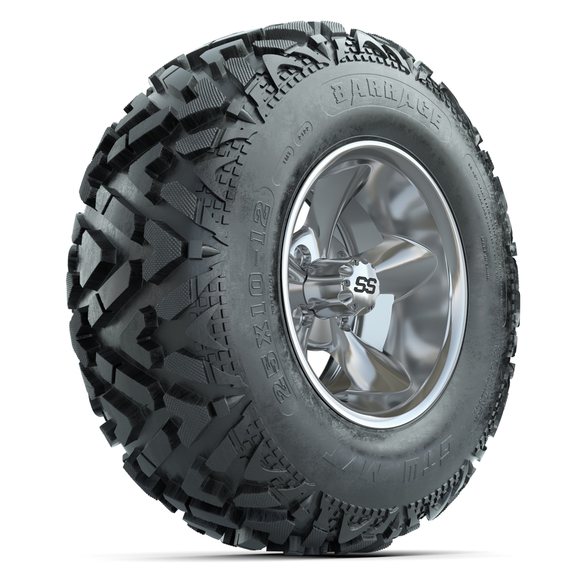 GTW® Godfather Chrome 12 in Wheels with 25X10-12 Barrage Mud Tires – Full Set