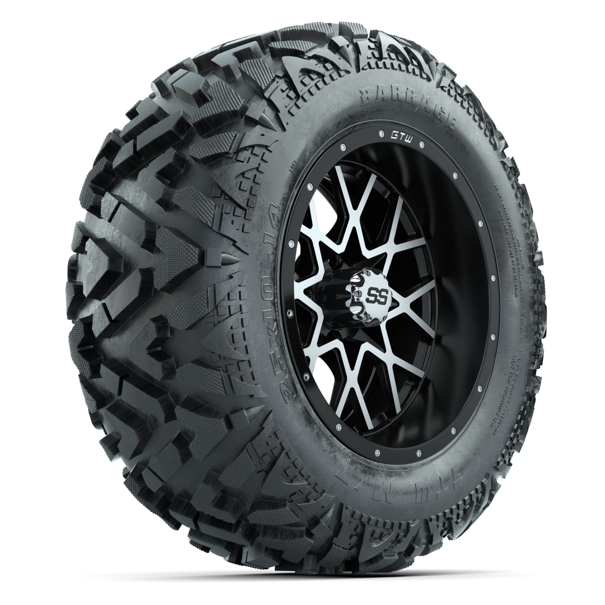 GTW Vortex Matte Black/Machined 14 in Wheels with 25x10-14 Barrage Mud Tires – Full Set