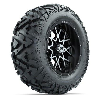 GTW Vortex Matte Black/Machined 14 in Wheels with 25x10-14 Barrage Mud Tires – Full Set