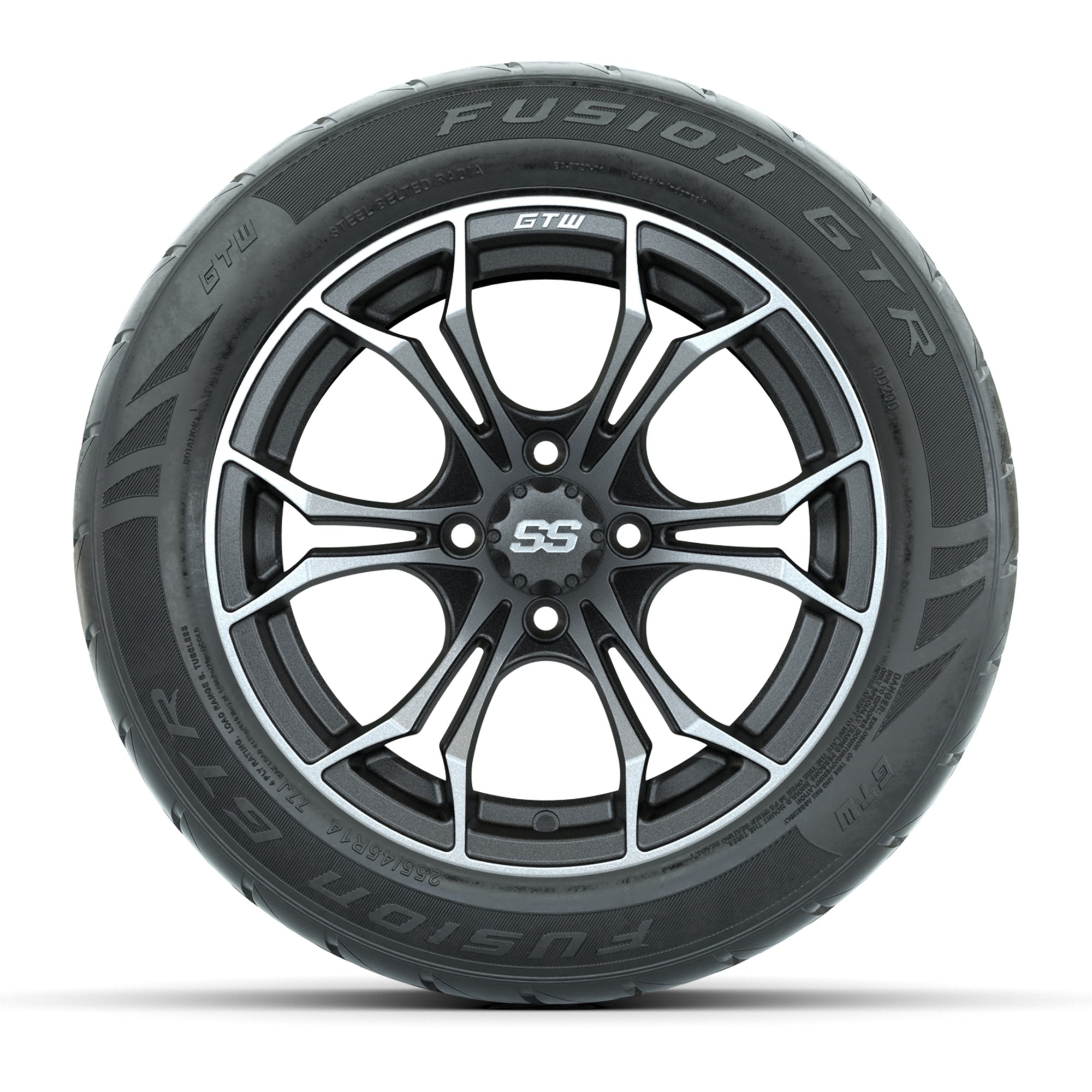 GTW® Spyder Matte Gray/Machined 14 in Wheels with 255/45-R14 - 3/4 view
