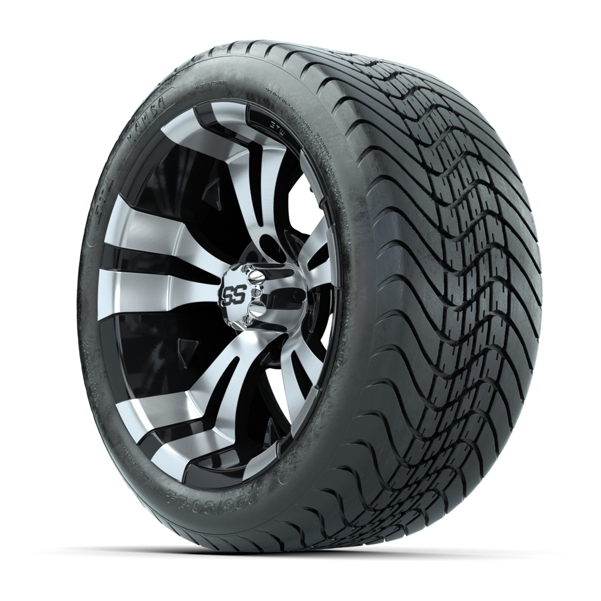 14" GTW Vampire Black and Machined Wheels with GTW Mamb - 3/4 view