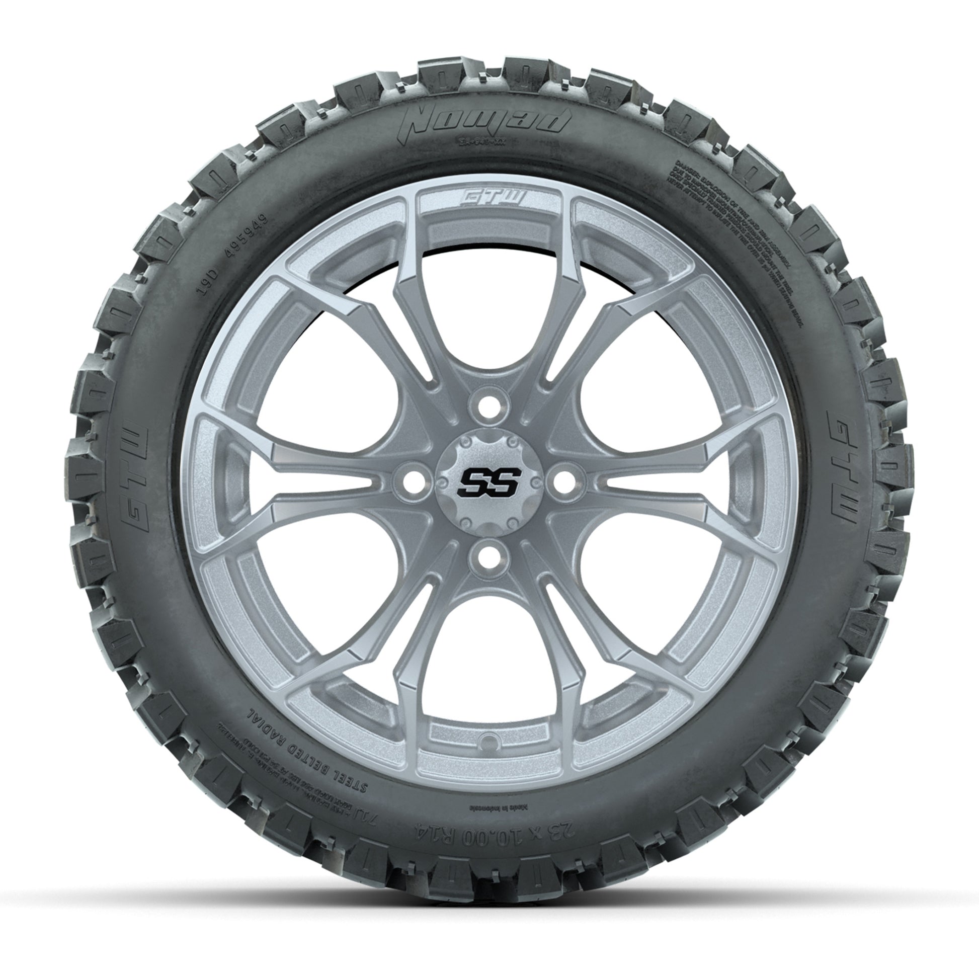 GTW® Spyder Silver Brush 14 in Wheels with 23X10-R14 Nomad S - front view