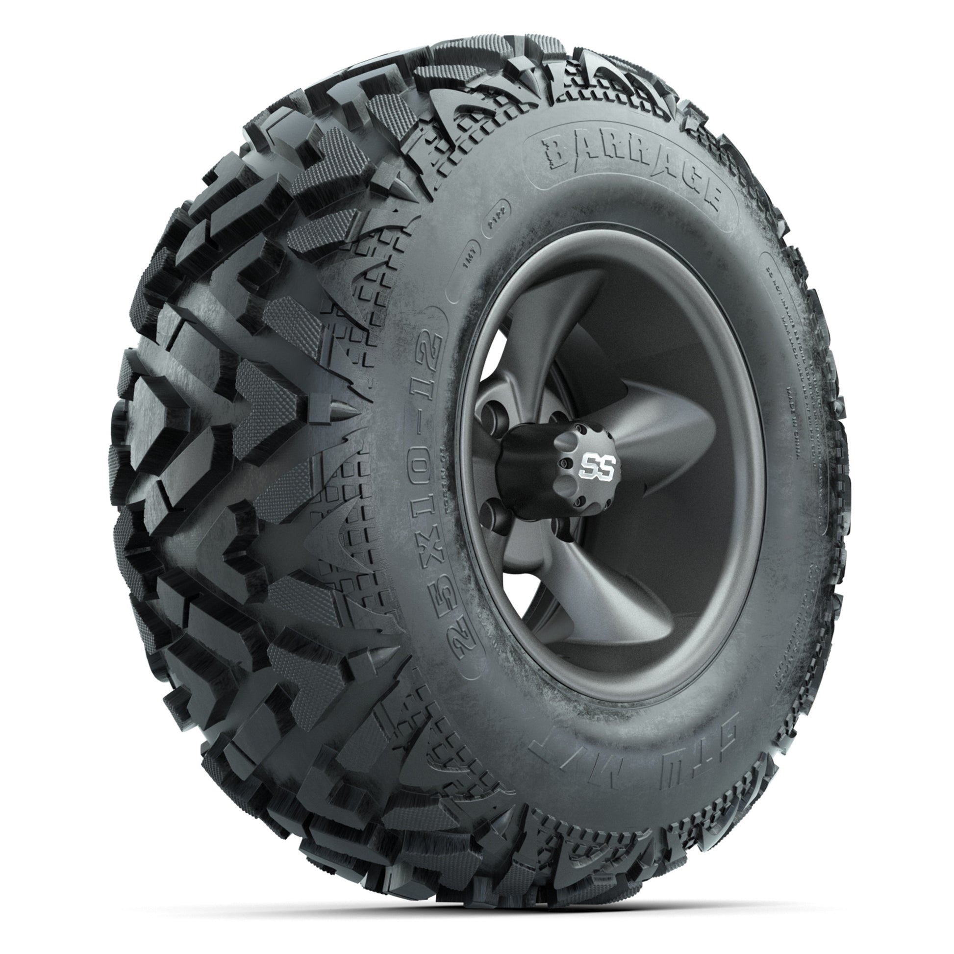 GTW® Godfather Matte Gray 12 in Wheels with 25X10-12 Barrage Mud Tires – Full Set