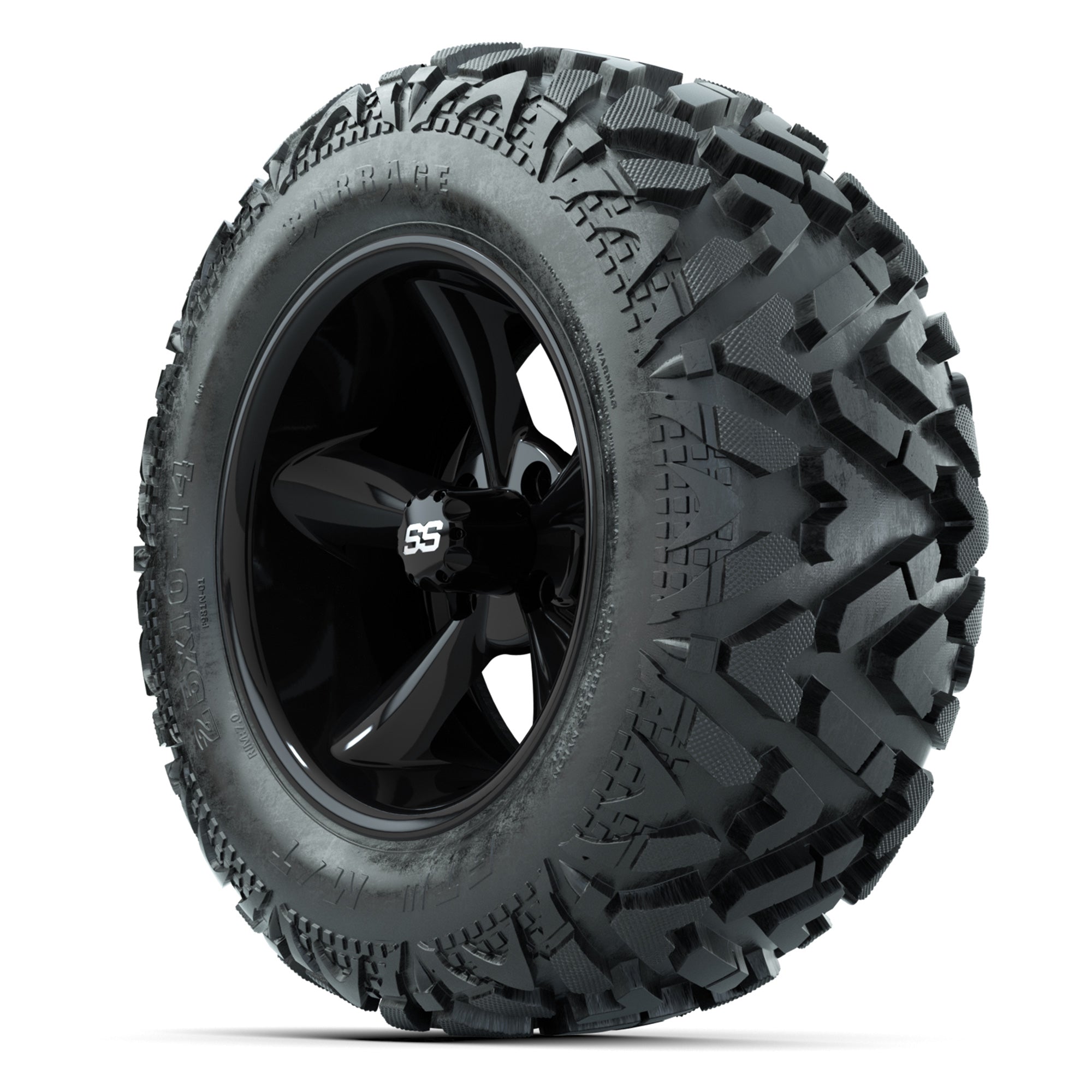 GTW Godfather Black 14 in Wheels with 25x10-14 Barrage Mud T - 3/4 view