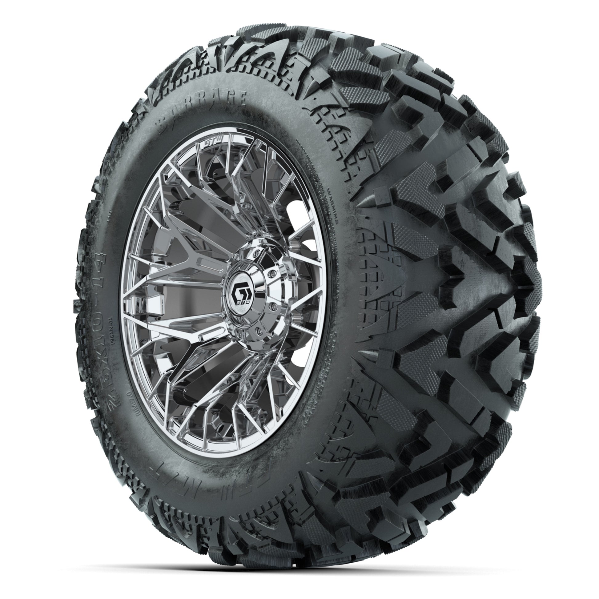 GTW Stellar Chrome 14 in Wheels with 25x10-14 Barrage Mud Ti - 3/4 view