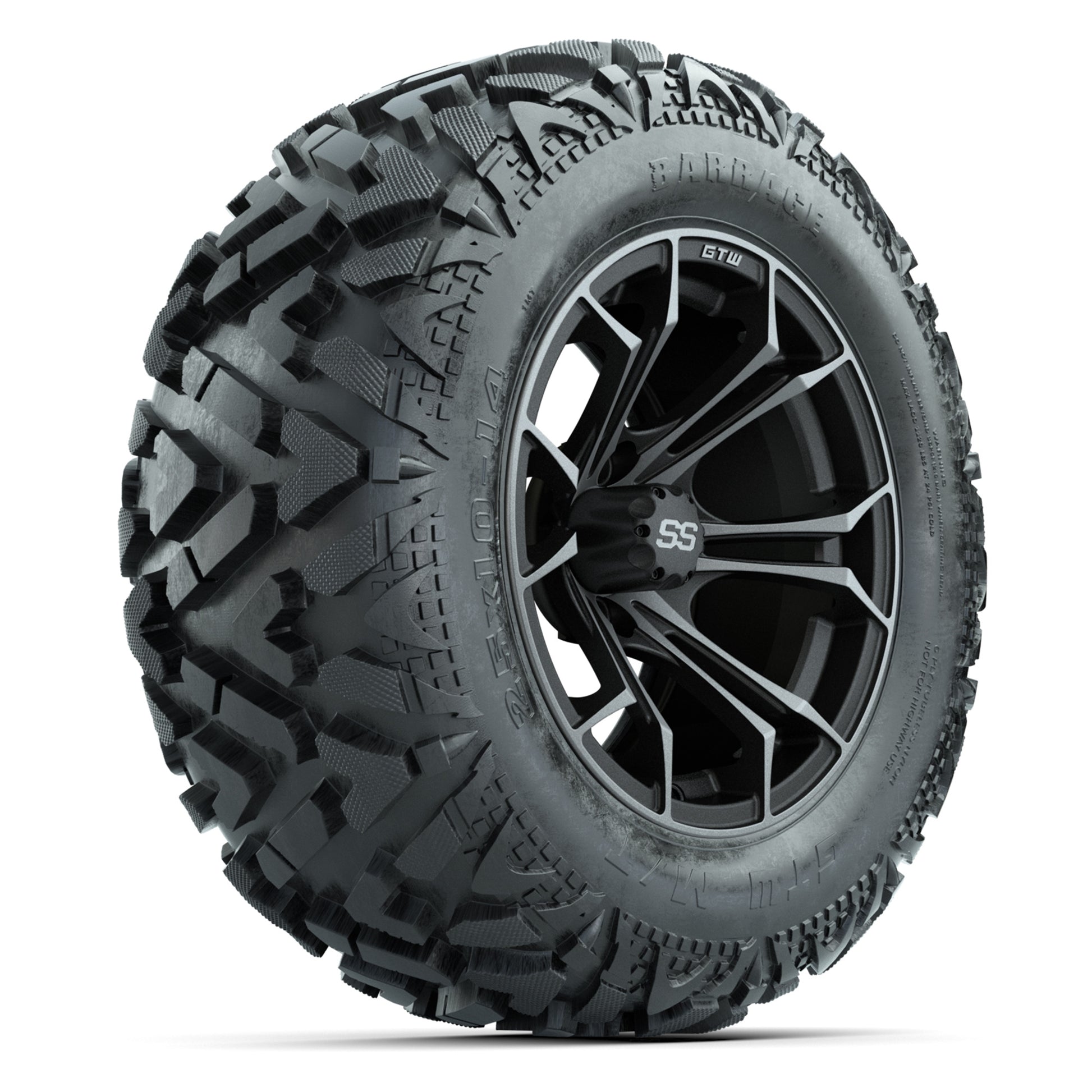 GTW Spyder Matte Gray/Machined 14 in Wheels with 25x10-14 Barrage Mud Tires – Full Set