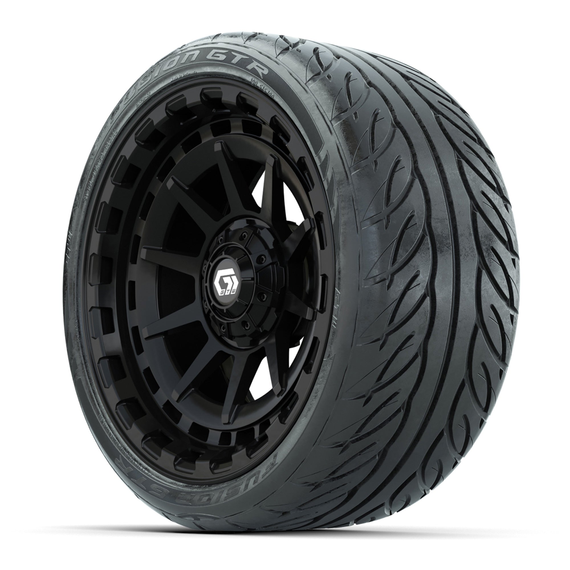 GTW® Barricade Gloss Black 15 in Wheels with 215/40-R15 Fusi - 3/4 view