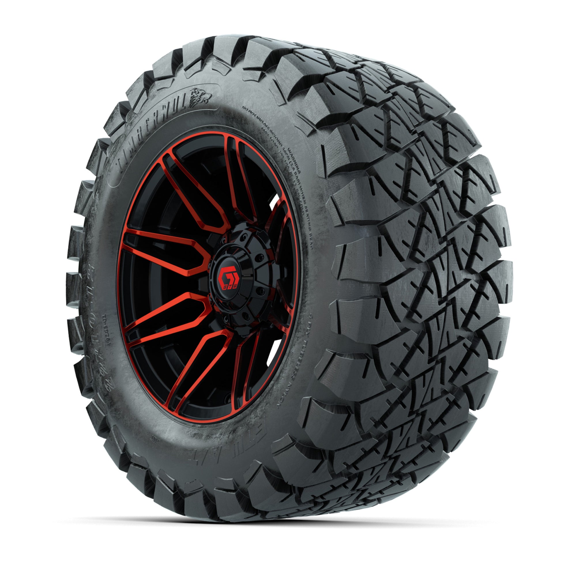 GTW® Stealth Black/Red 12 in Wheels with 22x10-12 Timberwolf All-Terrain Tires – Full Set