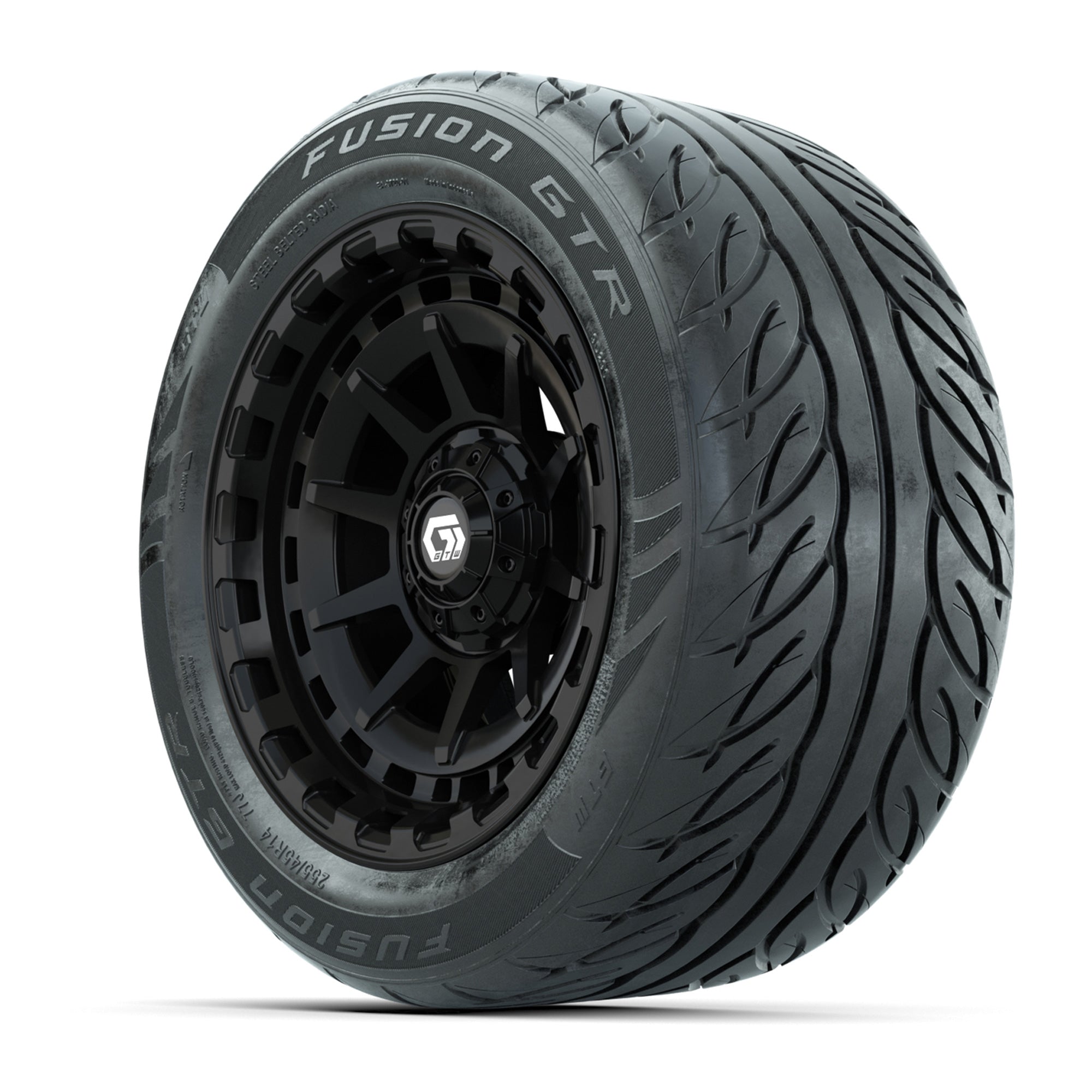 GTW® Barricade Black 14 in Wheels with 255/45-R14 Fusion GTR - 3/4 view