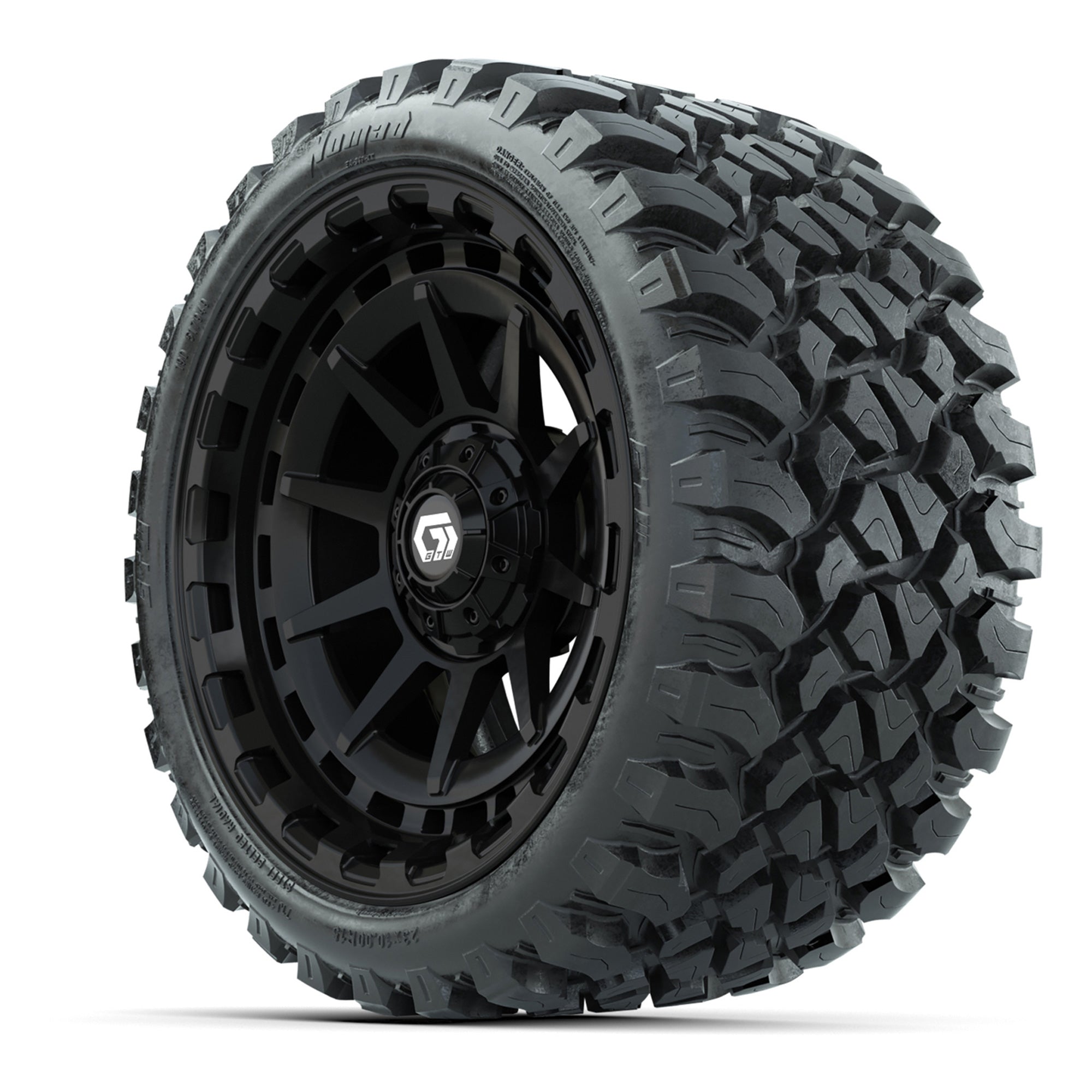GTW® Barricade Gloss Black 15 in Wheels with 23x10-R15 Nomad - 3/4 view