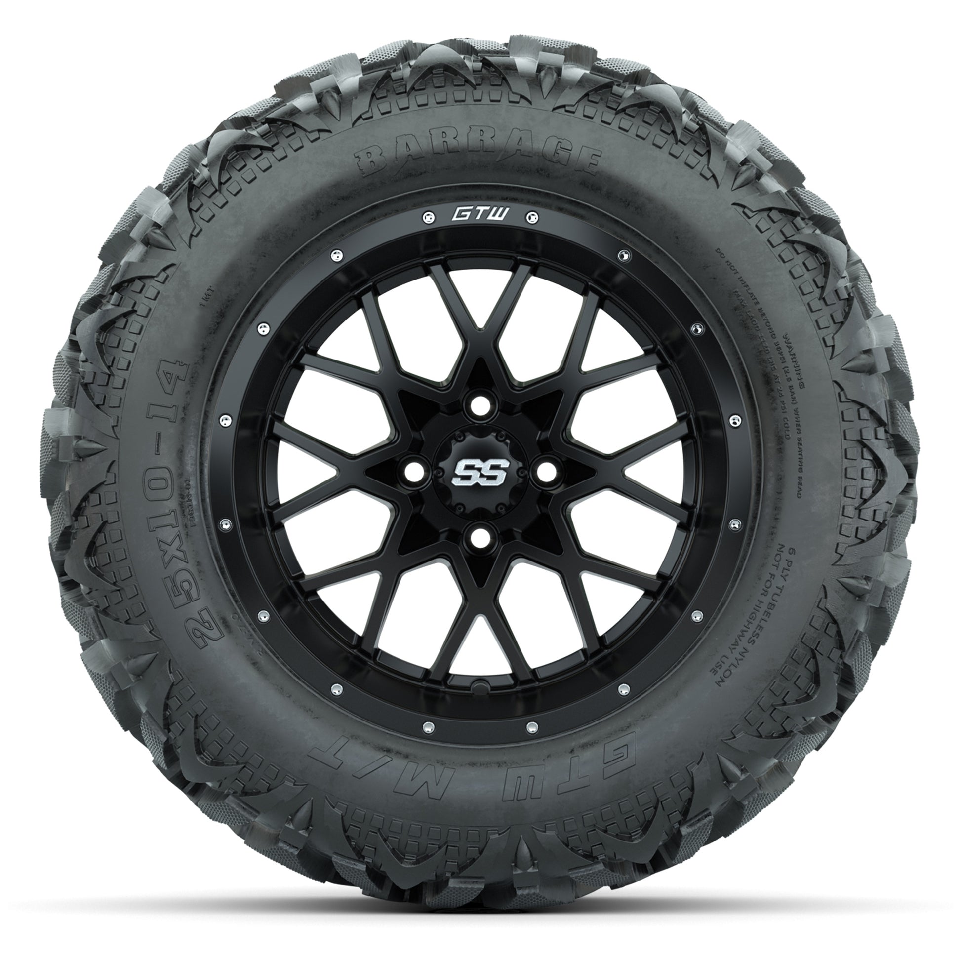 GTW Vortex Matte Black 14 in Wheels with 25x10-14 Barrage Mu - front view
