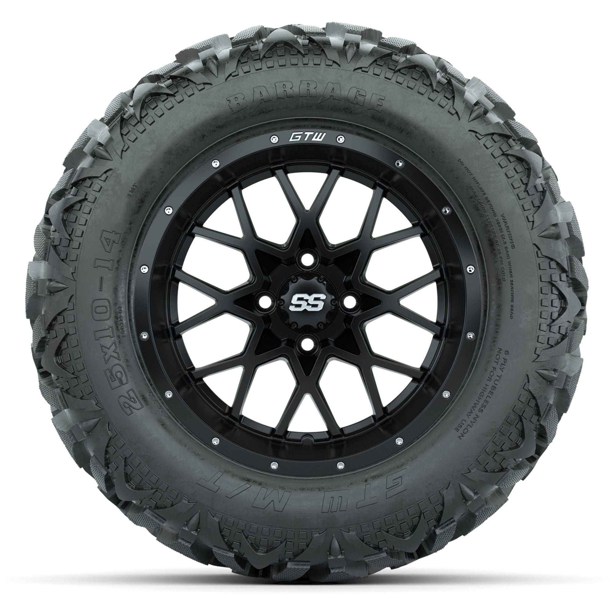 GTW Vortex Matte Black 14 in Wheels with 25x10-14 Barrage Mu - 3/4 view