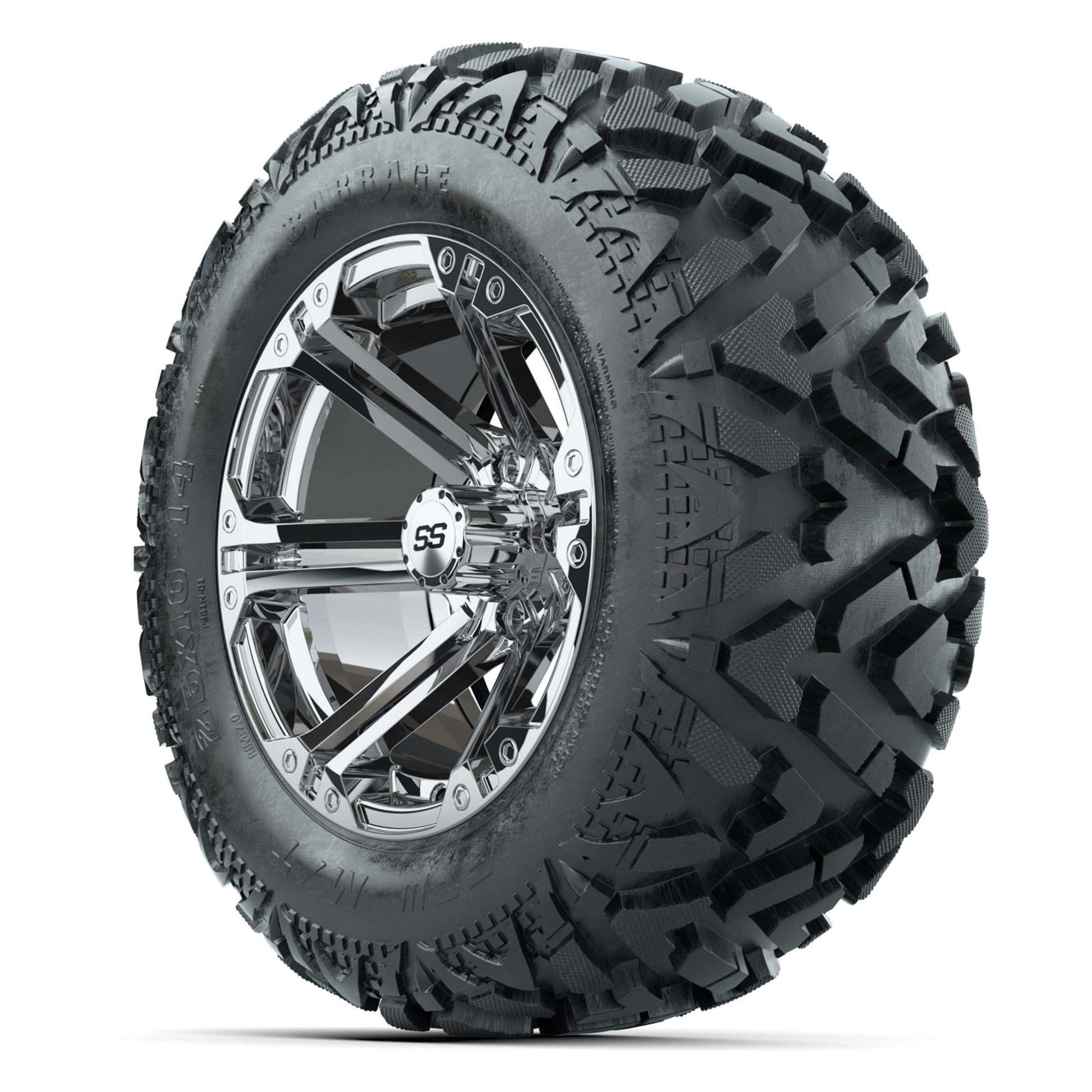 GTW Specter Chrome 14 in Wheels with 25x10-14 Barrage Mud Ti - 3/4 view