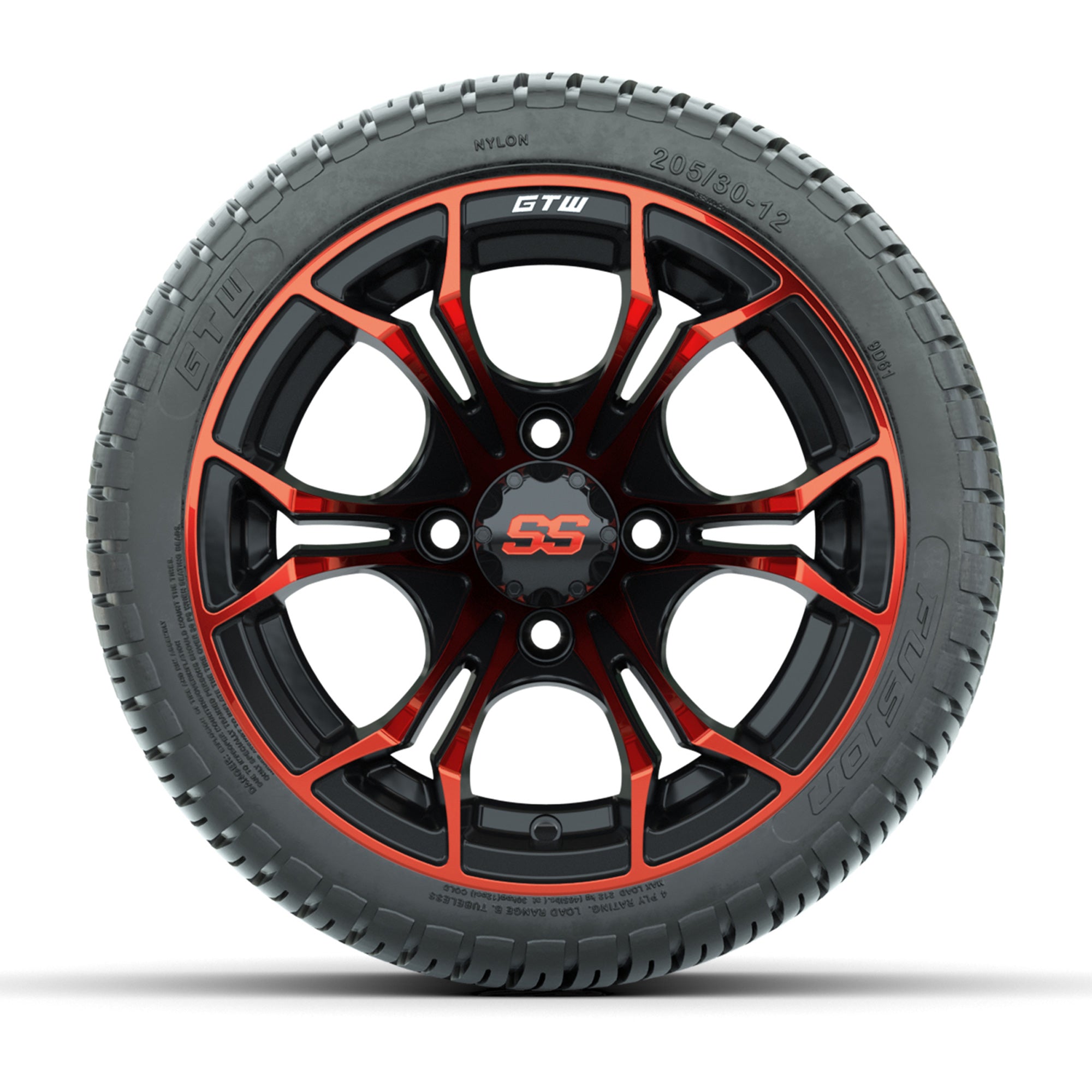 GTW® Spyder Black/Red 12 in Wheels with 205/30-12 Fusion Street Tires – Full Set