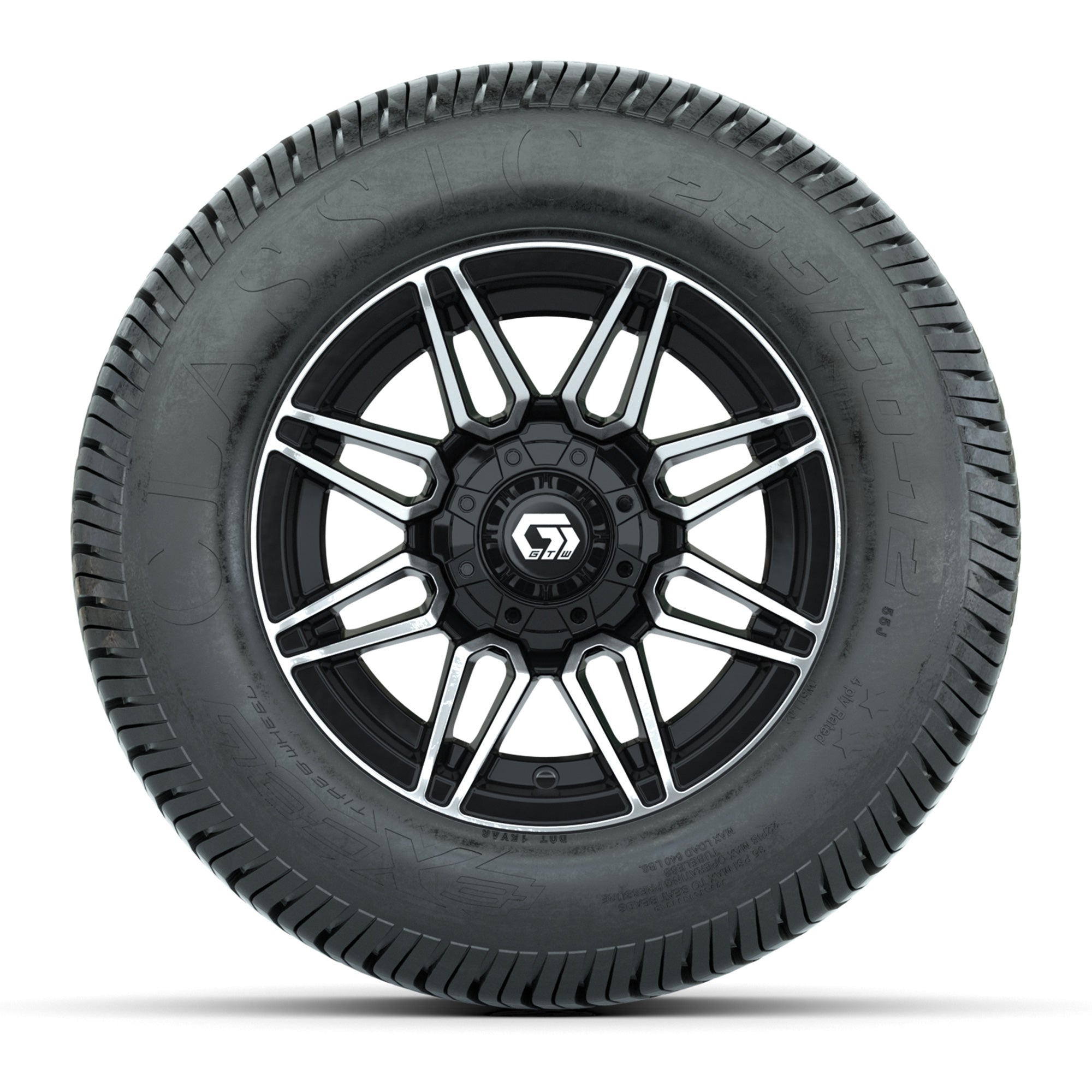 GTW® Stealth Black/Machined 12 in Wheels with 255/50-12 Excel Classic Street Tires – Full Set