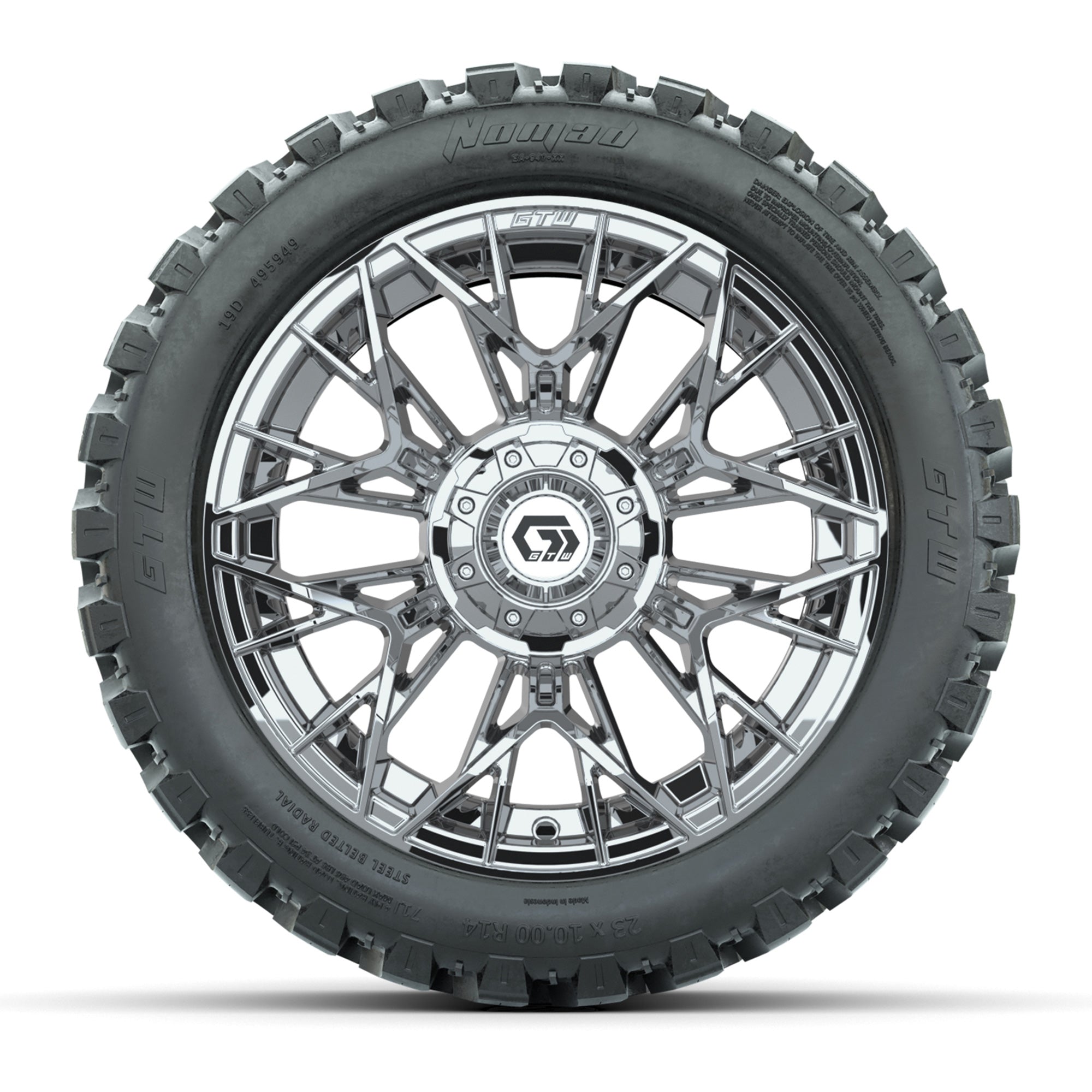 Set of (4) 14 in GTW® Stellar Chrome Wheels with 23x10-R14 N - 3/4 view
