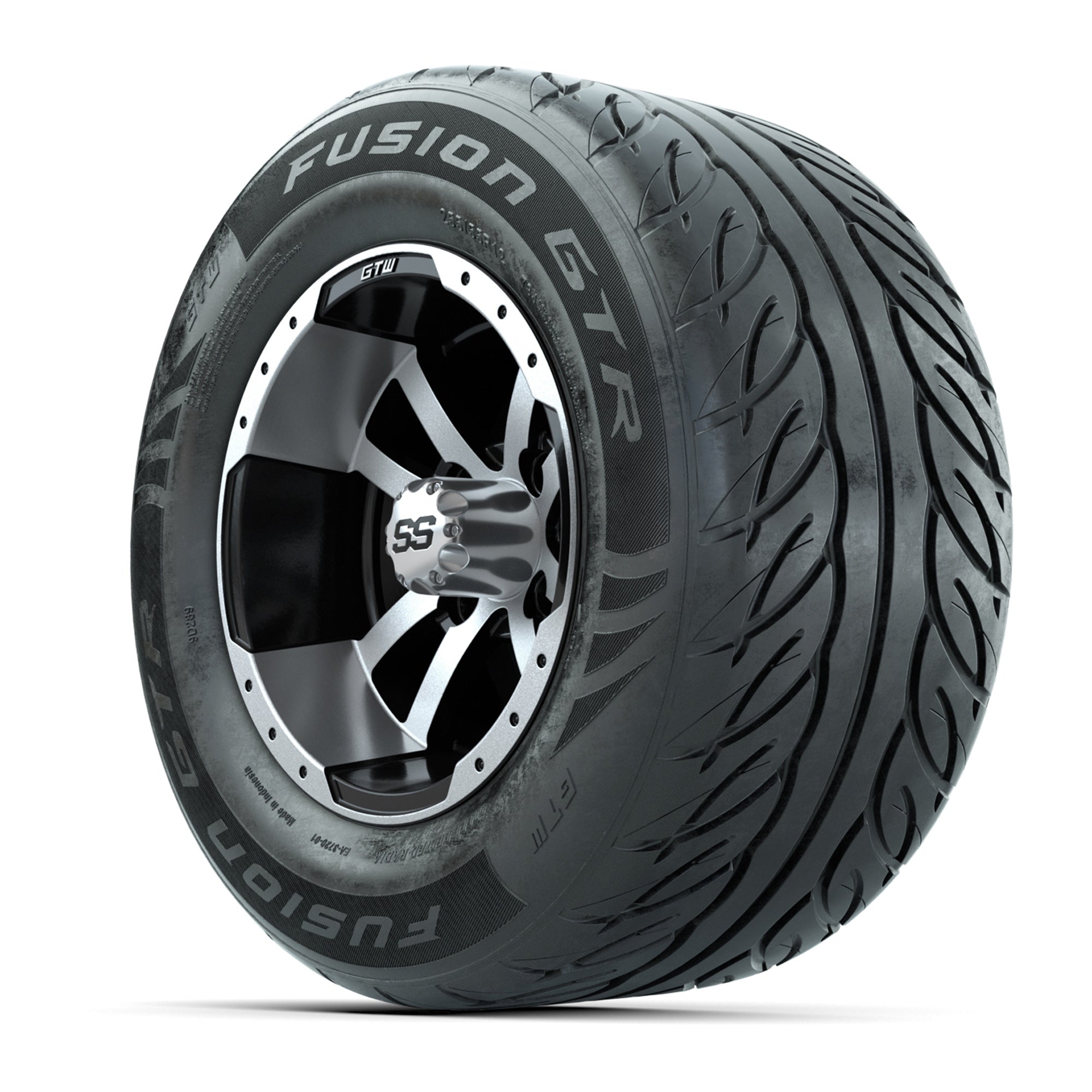 GTW® Storm Trooper Black/Machined 12 in Wheels with 255/55-R12 Fusion GTR Steel Belt Radial Street Tires – Full Set