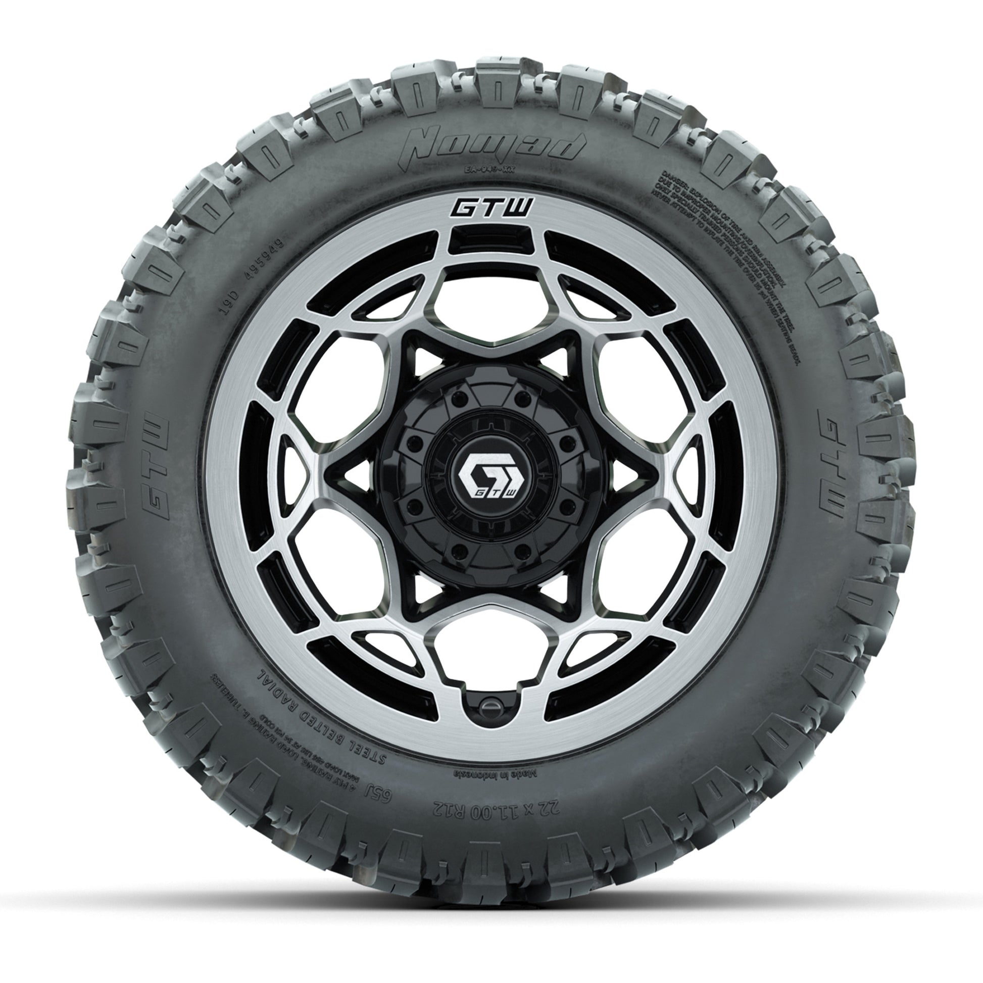 GTW® Nexus Black with Silver Face 12 in Wheels with 22X11-R12 Nomad Steel Belt Radial All-Terrain Tires – Full Set