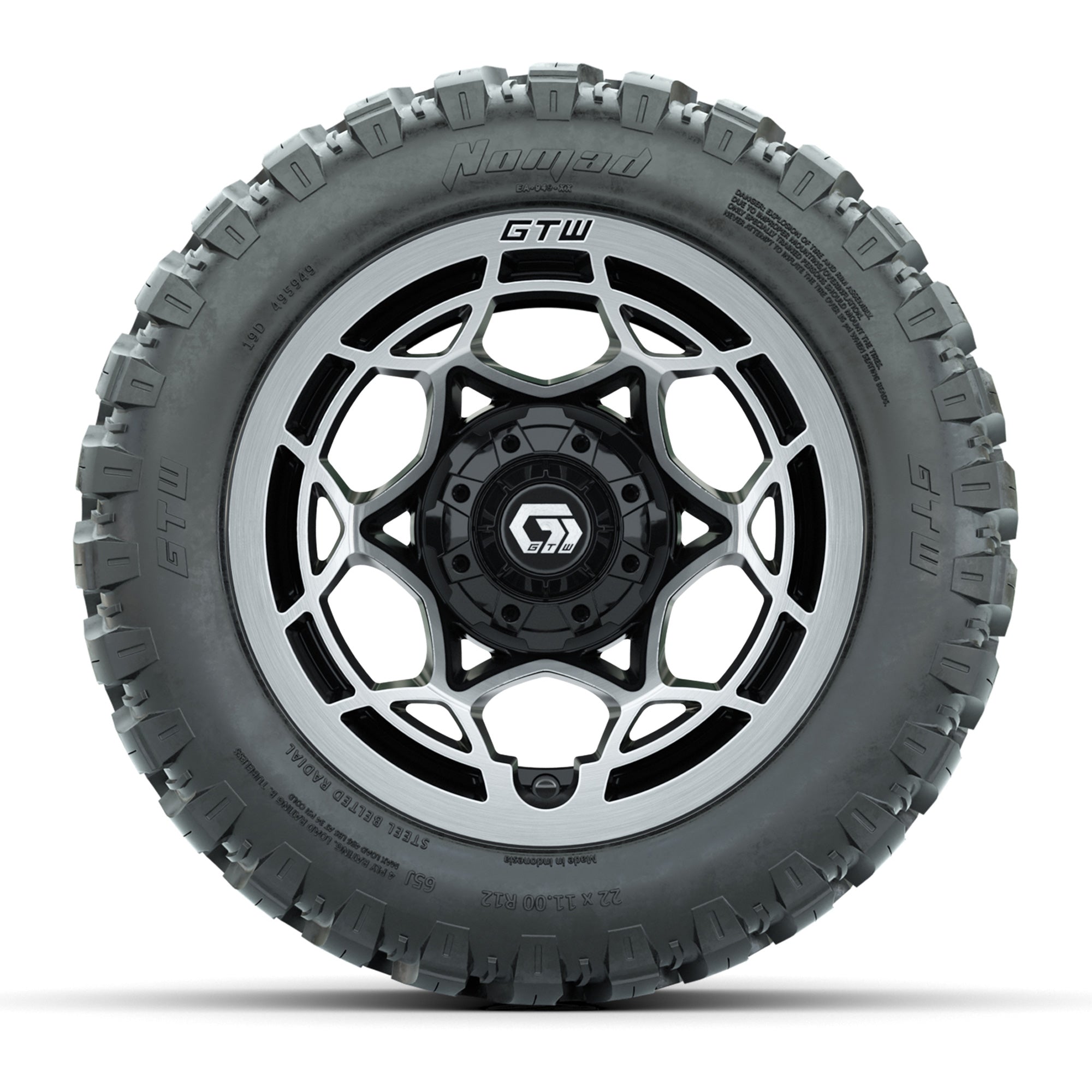 GTW® Nexus Black with Silver Face 12 in Wheels with 22X11-R12 Nomad Steel Belt Radial All-Terrain Tires – Full Set