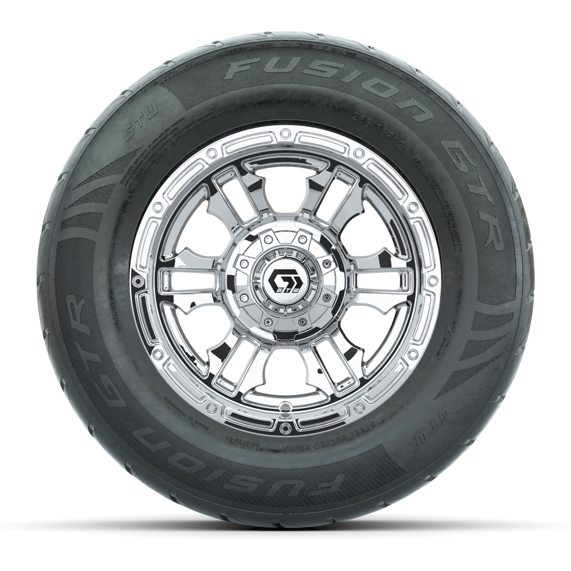 GTW® Shogun Chrome 12 in Wheels with 255/55-R12 Fusion GTR Steel Belt Radial Street Tires – Full Set