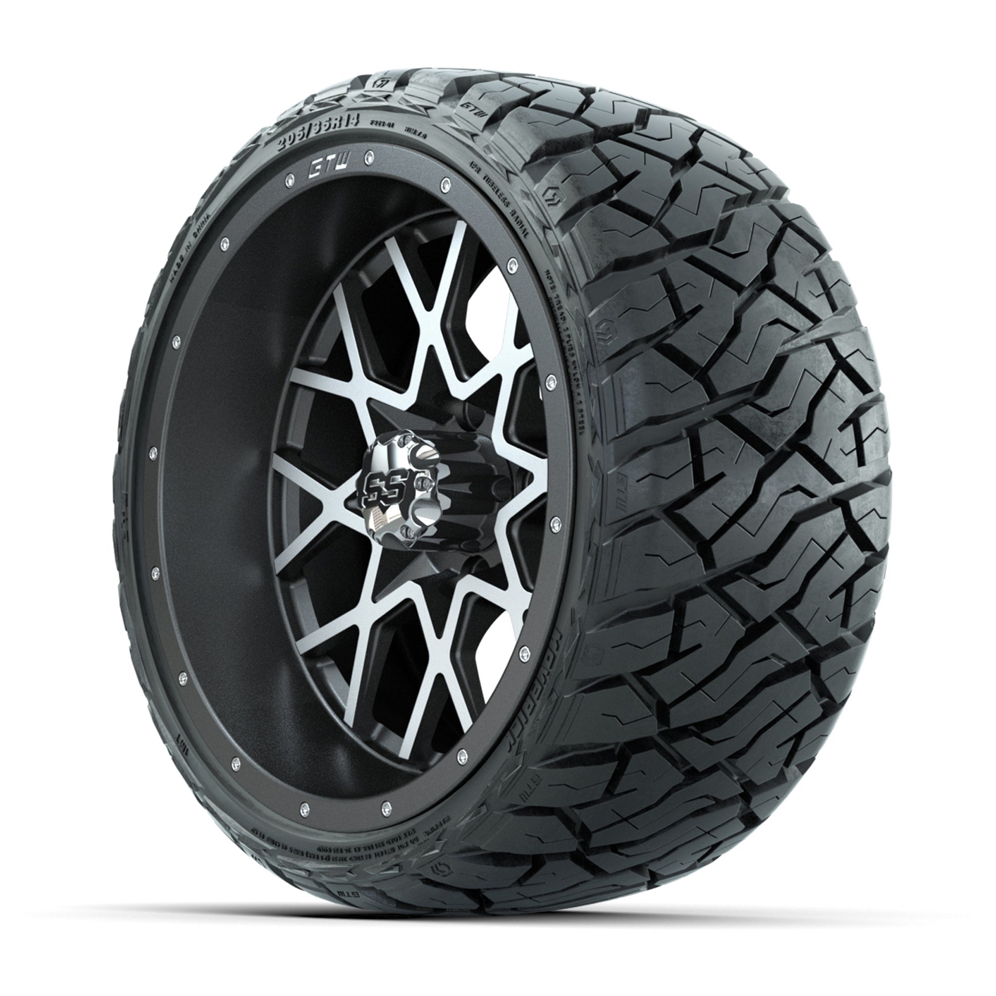 GTW® Vortex Matte Gray/Machined 14 in Wheels with 205/35-R14 - 3/4 view
