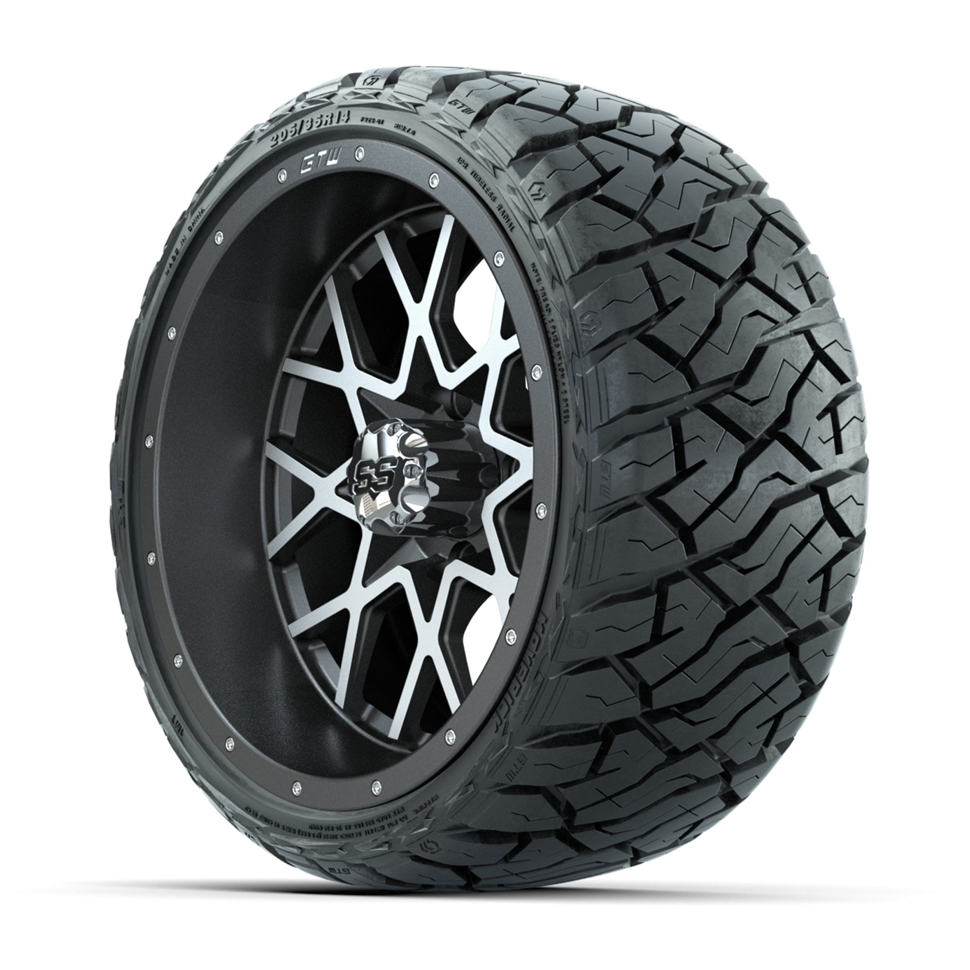 GTW® Vortex Matte Gray/Machined 14 in Wheels with 205/35-R14 - 3/4 view