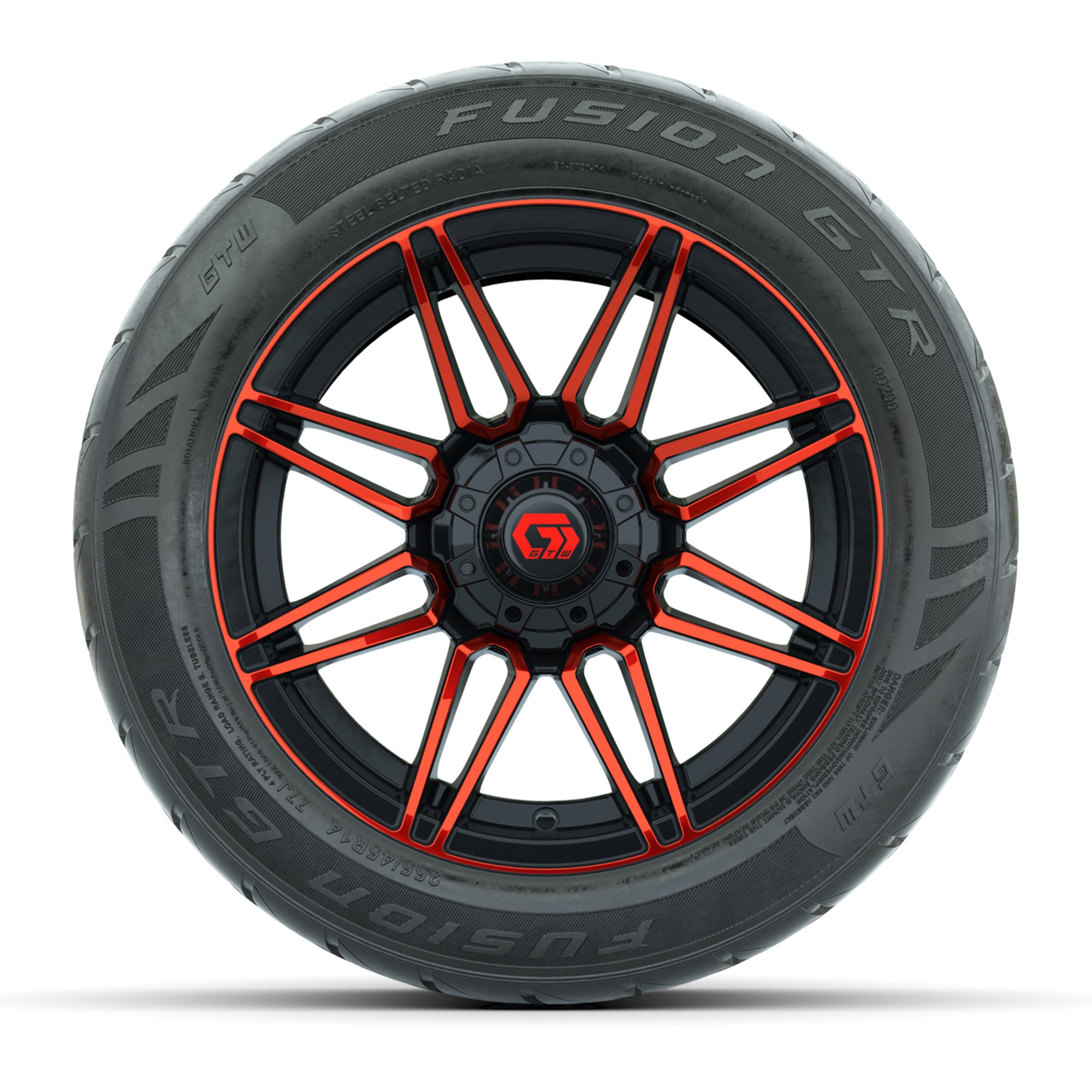 GTW® Stealth Red/Machined 14 in Wheels with 255/45-R14 Fusio - 3/4 view