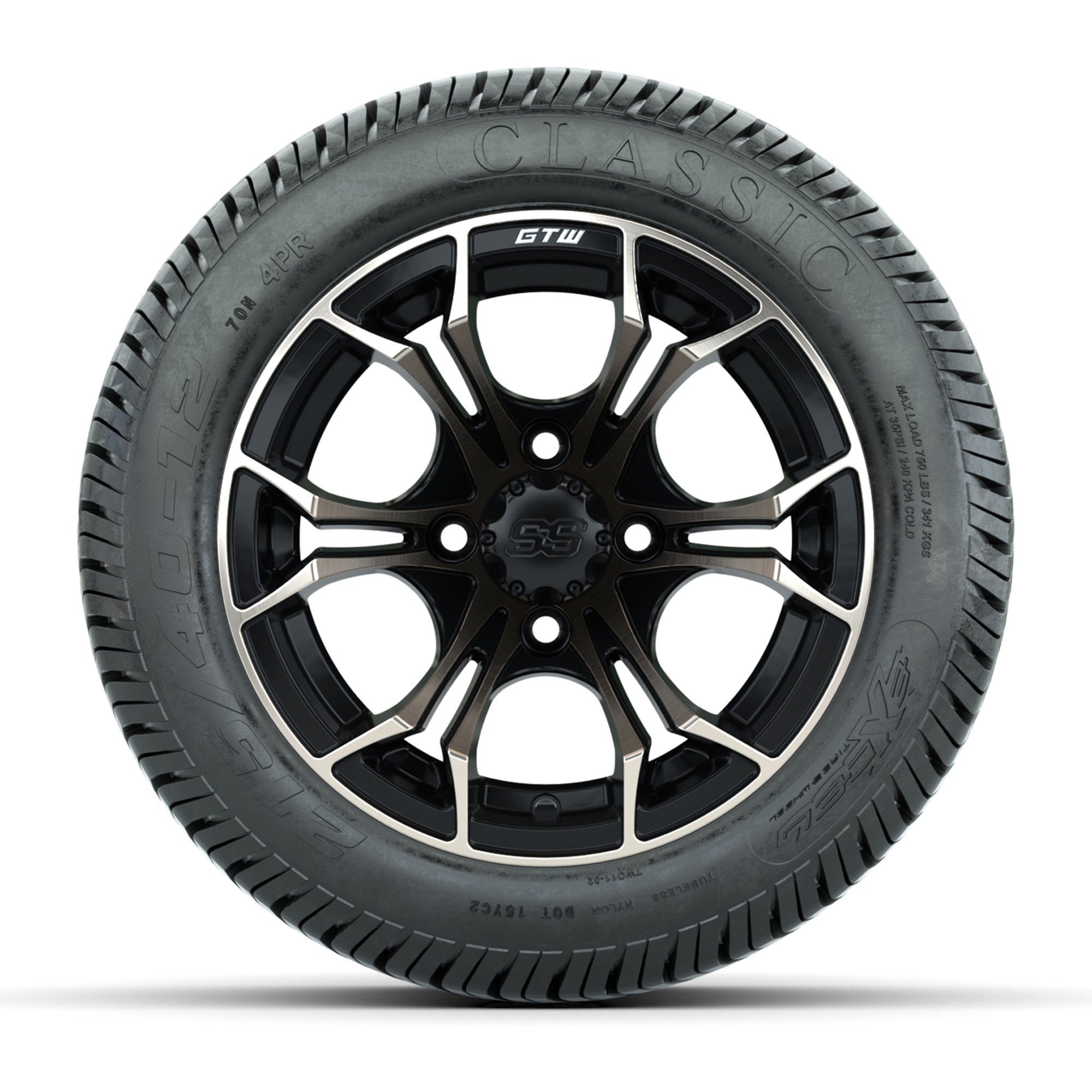 GTW® Spyder Matte Black/Bronze 12 in Wheels with 215/40-12 Excel Classic Street Tires – Full Set