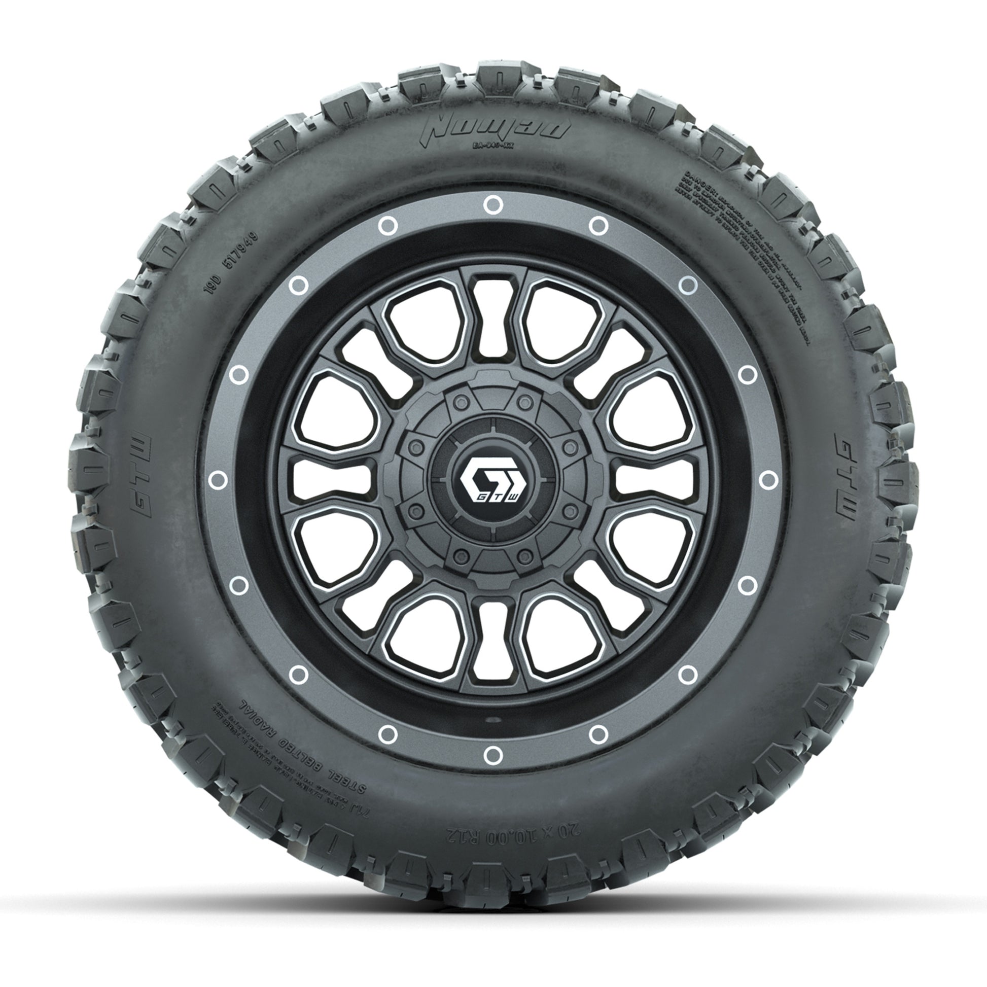 GTW® Volt Gunmetal 12 in Wheels with 20X10-12 Nomad Steel Belt Radial All-Terrain Tires – Full Set