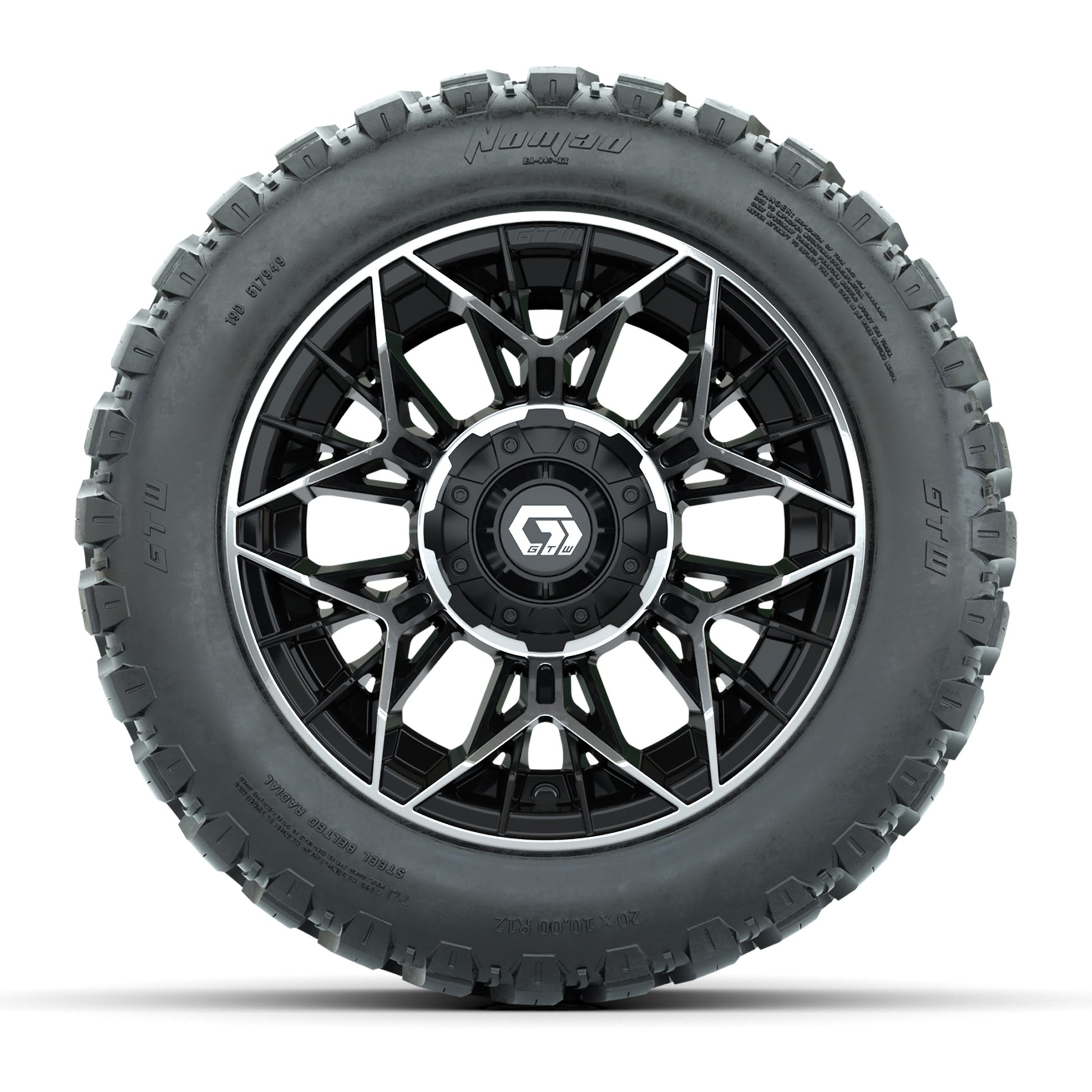 GTW® Stellar Black/Machined 12 in Wheels with 20X10-12 Nomad Steel Belt Radial All-Terrain Tires – Full Set