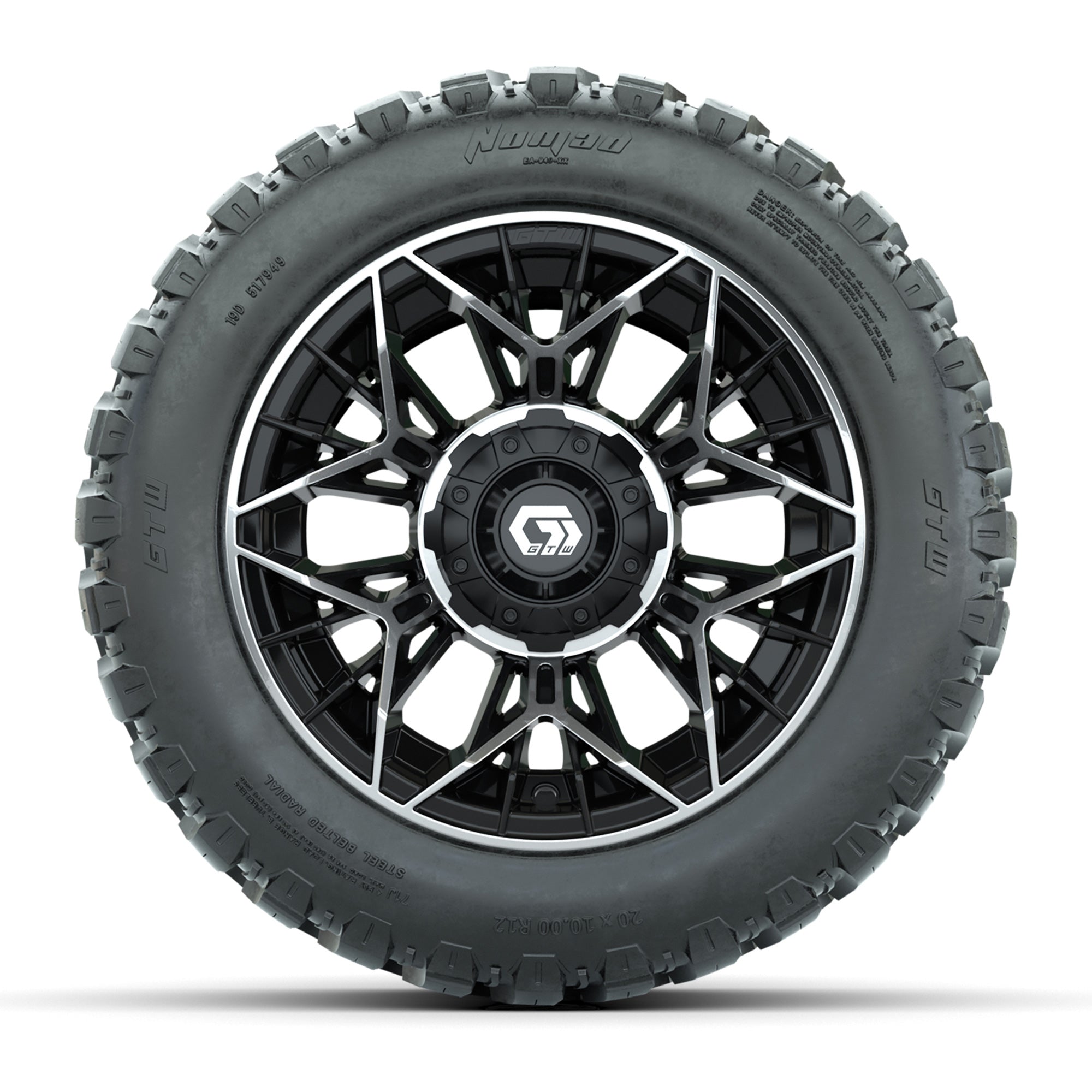 GTW® Stellar Black/Machined 12 in Wheels with 20X10-12 Nomad Steel Belt Radial All-Terrain Tires – Full Set