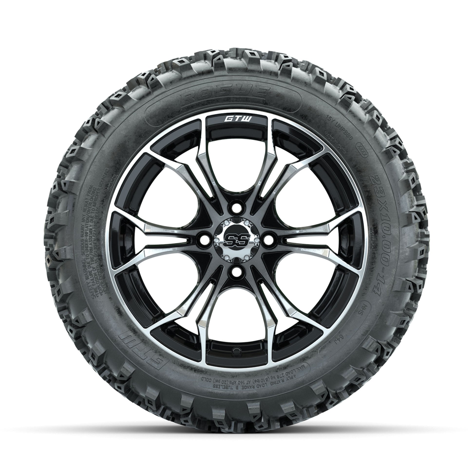 GTW Spyder Machined/Black 14 in Wheels with 23x10.00-14 Rogu - front view