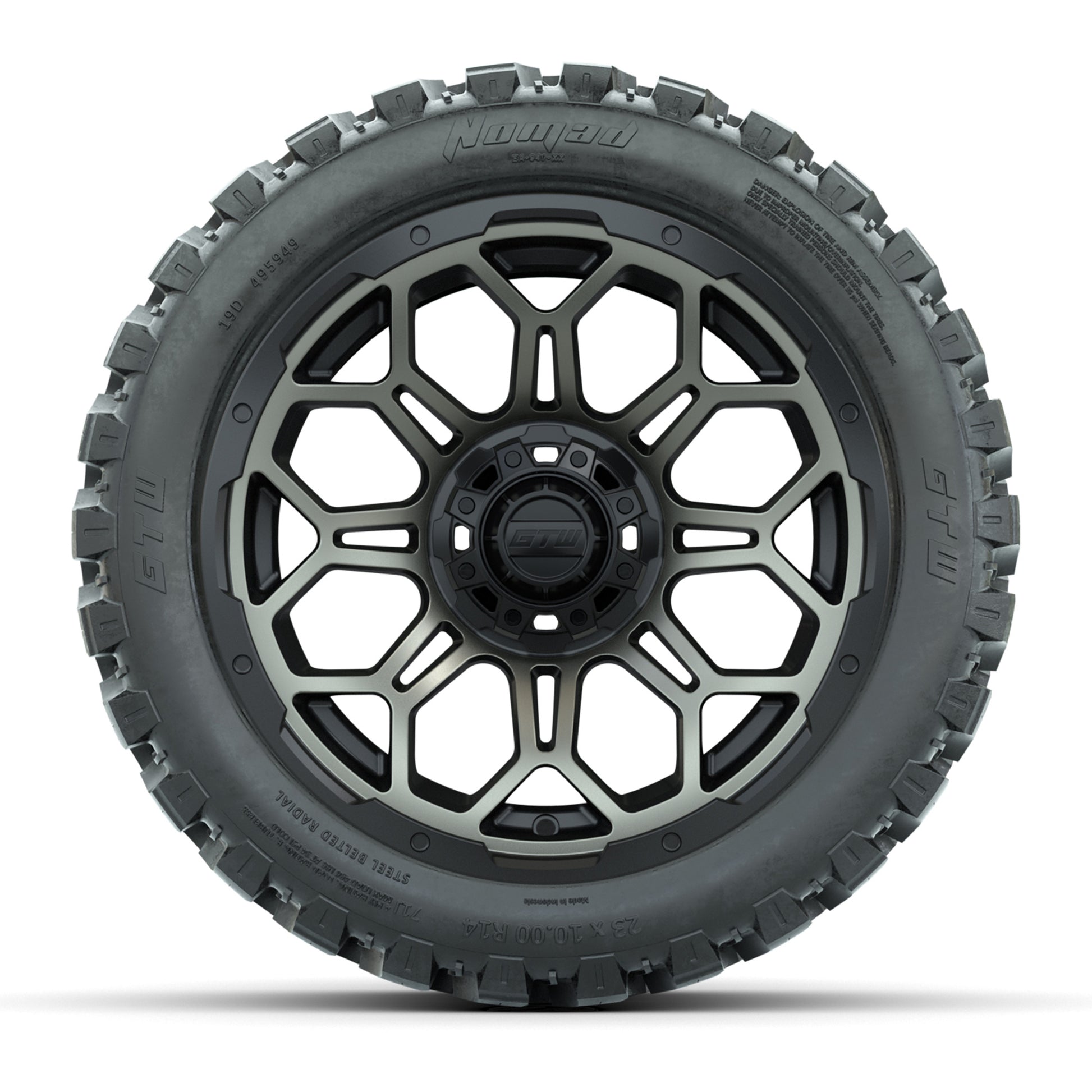 Set of (4) 14 in GTW Bravo Wheels with 23x10-14 GTW Nomad Al - front view