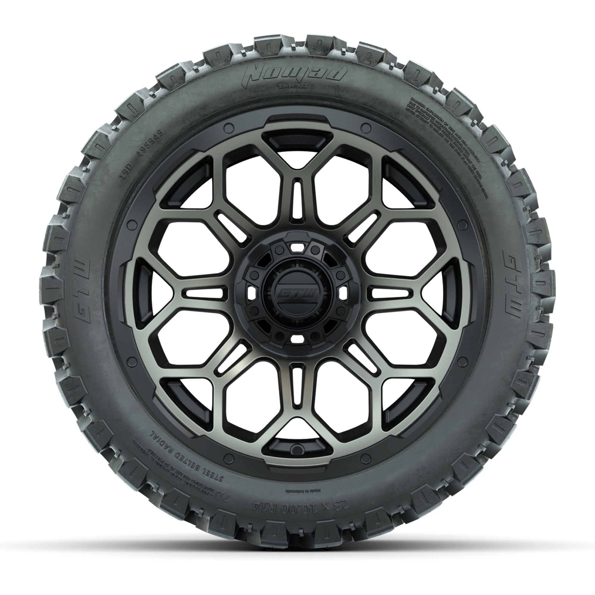 Set of (4) 14 in GTW Bravo Wheels with 23x10-14 GTW Nomad Al - 3/4 view