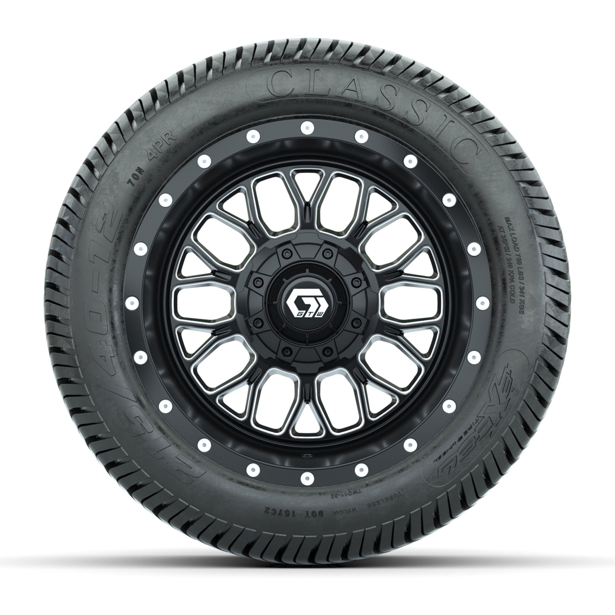 GTW® Helix Black/Machined 12 in Wheels with 215/40-12 Excel Classic Street Tires – Full Set