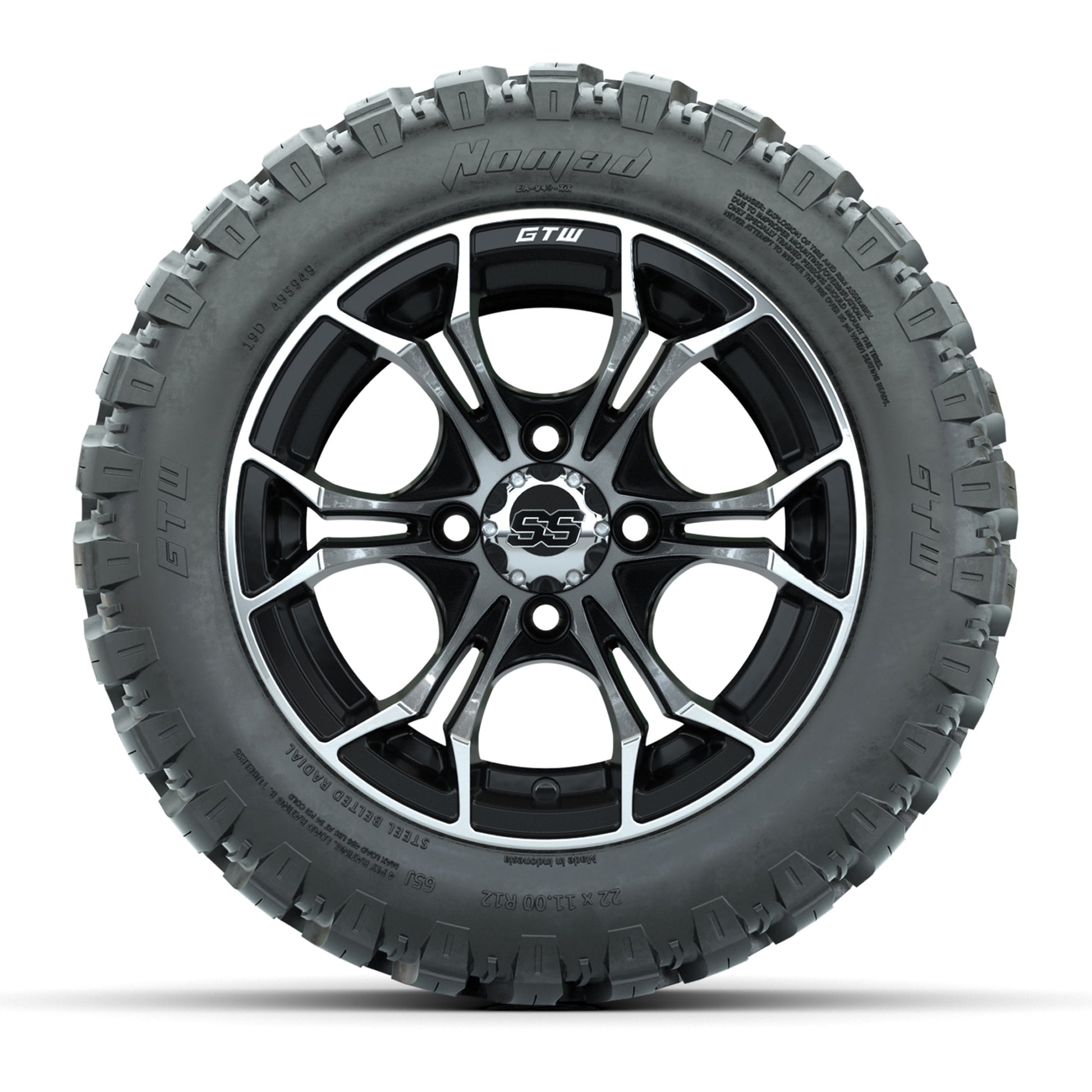 GTW® Spyder Black/Machined 12 in Wheels with 22X11-R12 Nomad Steel Belt Radial All-Terrain Tires – Full Set