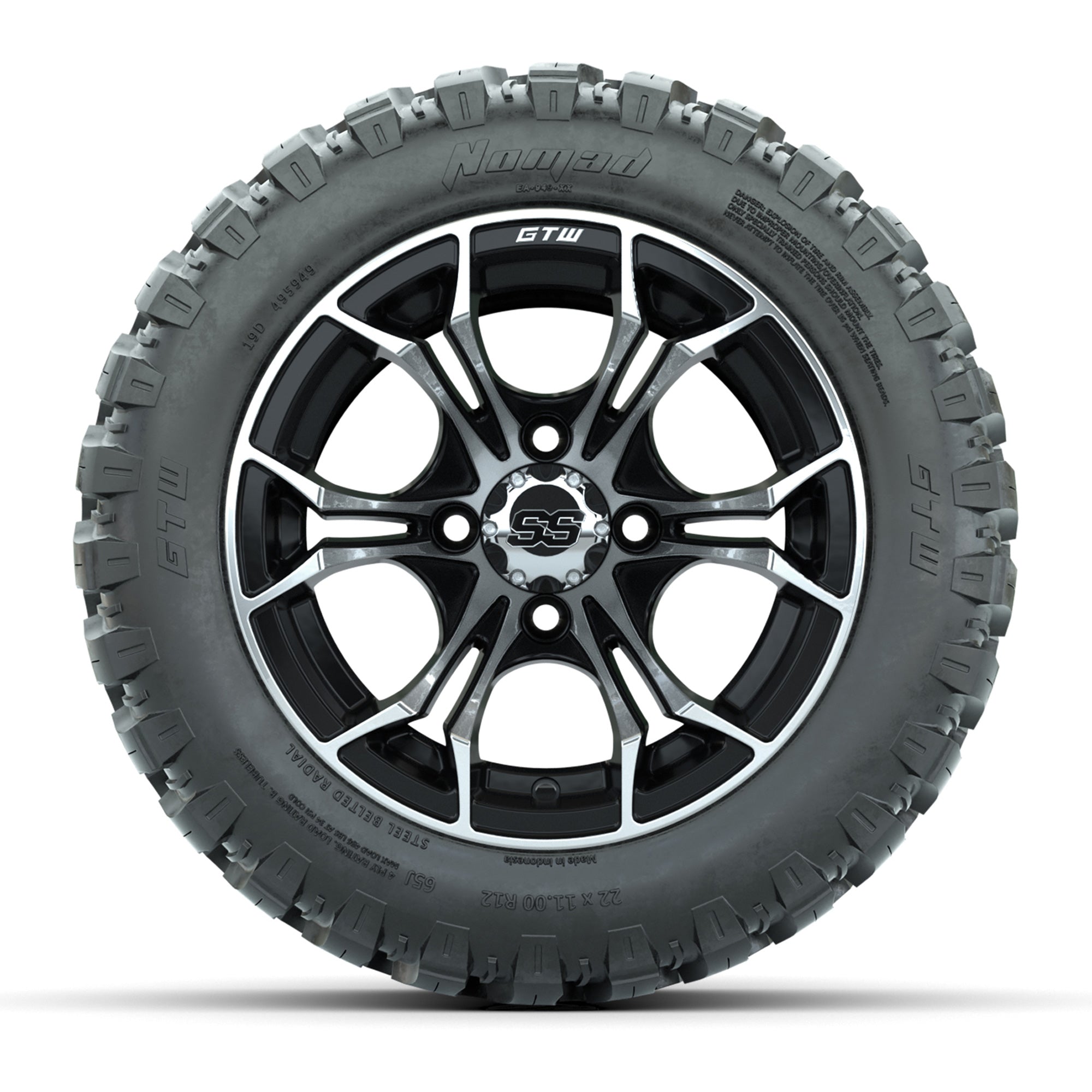 GTW® Spyder Black/Machined 12 in Wheels with 22X11-R12 Nomad Steel Belt Radial All-Terrain Tires – Full Set