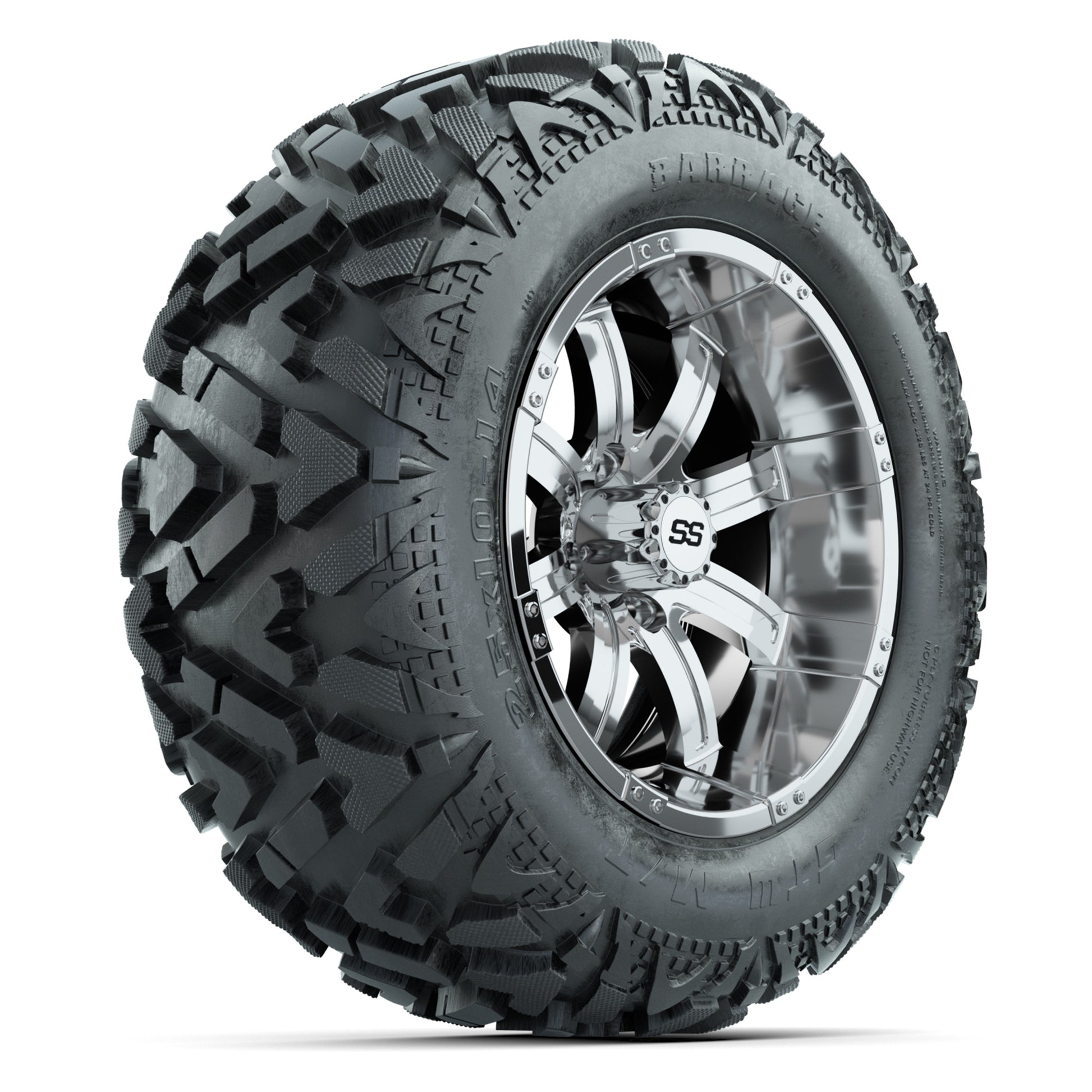 GTW Tempest Chrome 14 in Wheels with 25x10-14 Barrage Mud Tires – Full Set