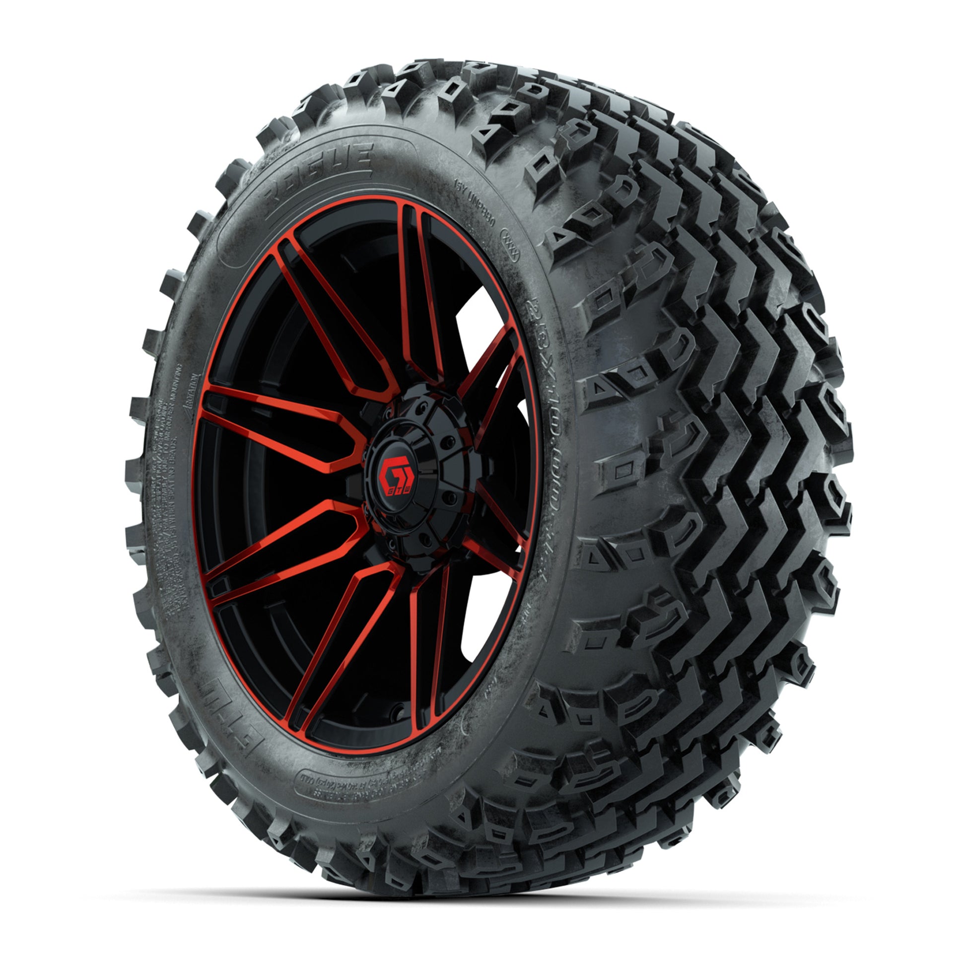 GTW® Stealth Red/Machined 14 in Wheels with 23X10-14 Rogue A - 3/4 view