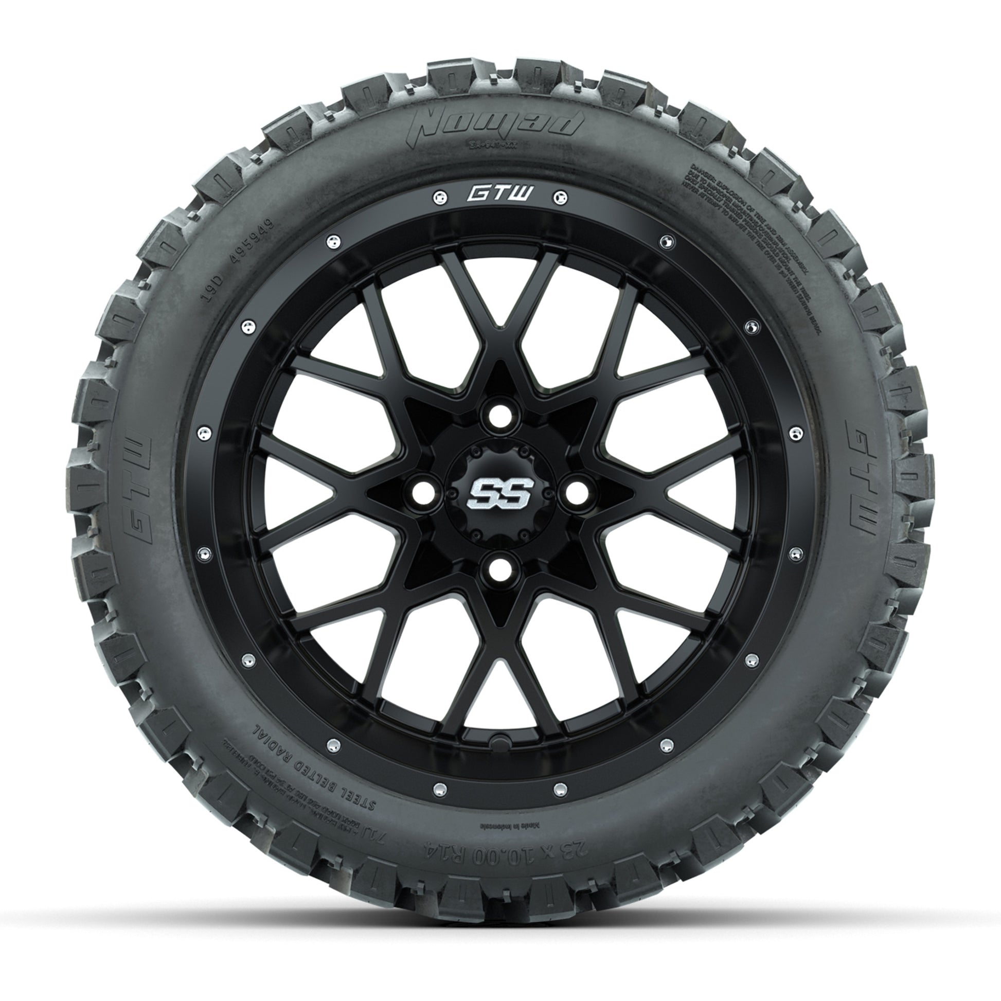 Set of (4) 14 in GTW Vortex Wheels with 23x10-14 GTW Nomad A - front view
