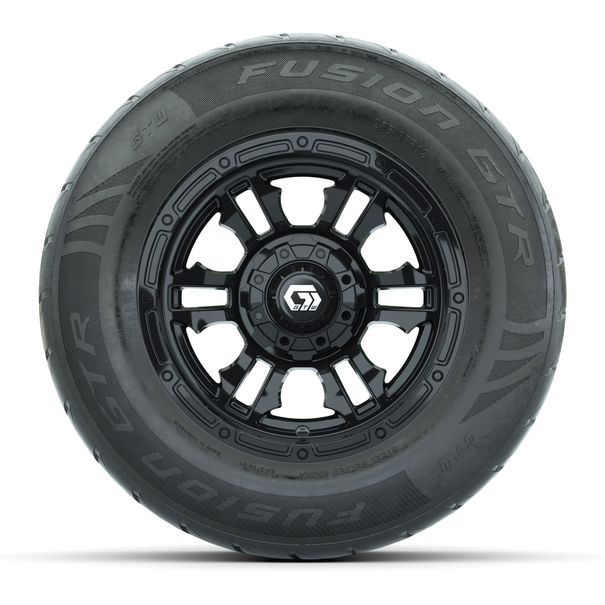 GTW® Shogun Gloss Black 12 in Wheels with 255/55-R12 Fusion GTR Steel Belt Radial Street Tires – Full Set
