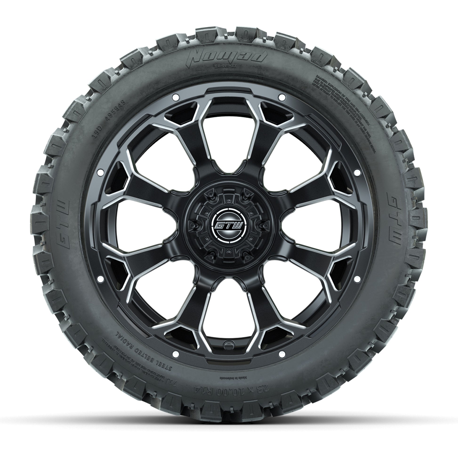 Set of (4) 14 in GTW Raven Wheels with 23x10-14 GTW Nomad Al - front view
