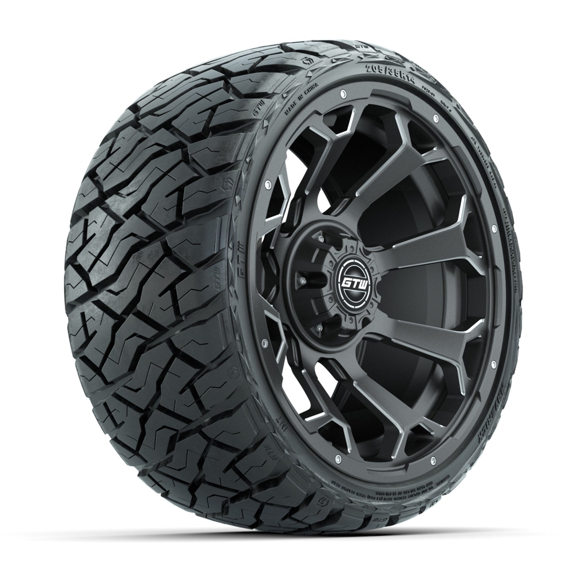 GTW® Raven Matte Gray/Ball Milled 14 in Wheels with 205/35-R14 Maverick Low-Profile All-Terrain Tires – Full Set
