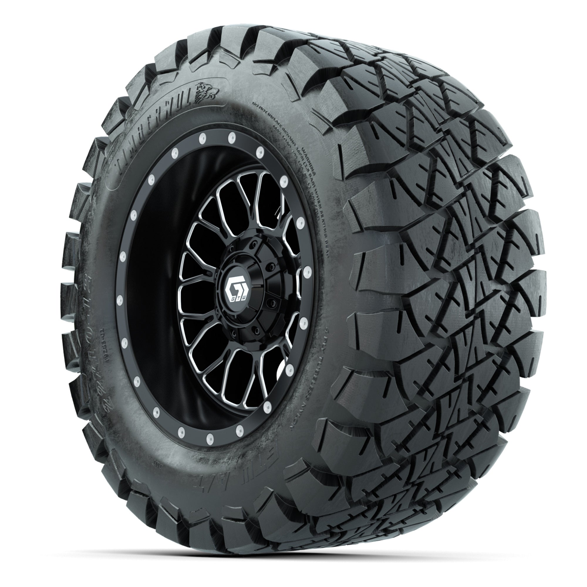 GTW® Helix Black/Machined 12 in Wheels with 22X10-12 Timberwolf All-Terrain Tires – Full Set